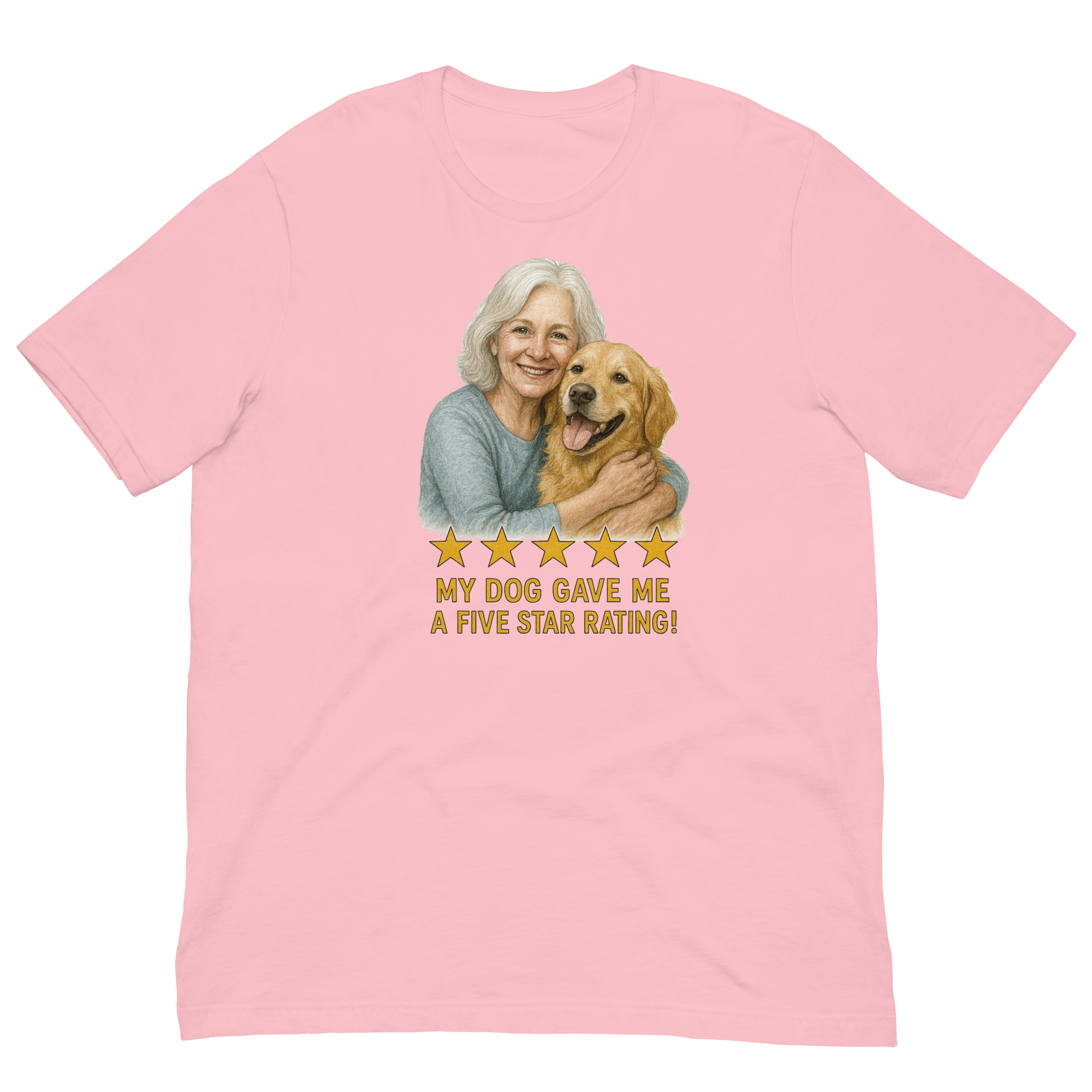 White Hair Woman with Golden Retriever graphic tee.