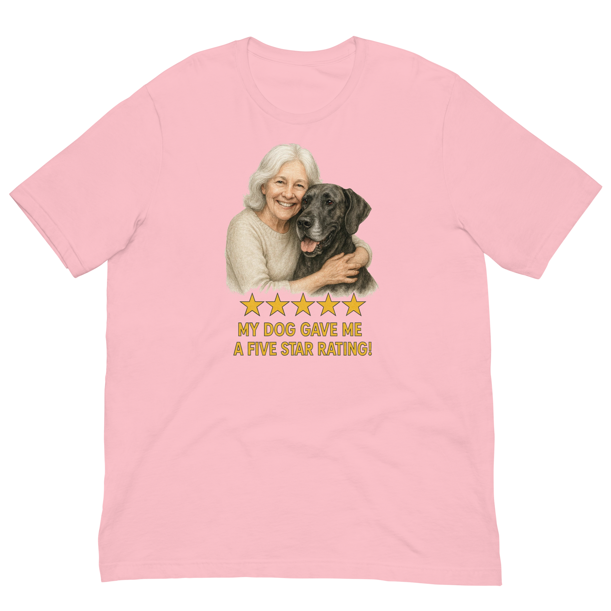 White Hair Woman with Great Dane graphic tee.