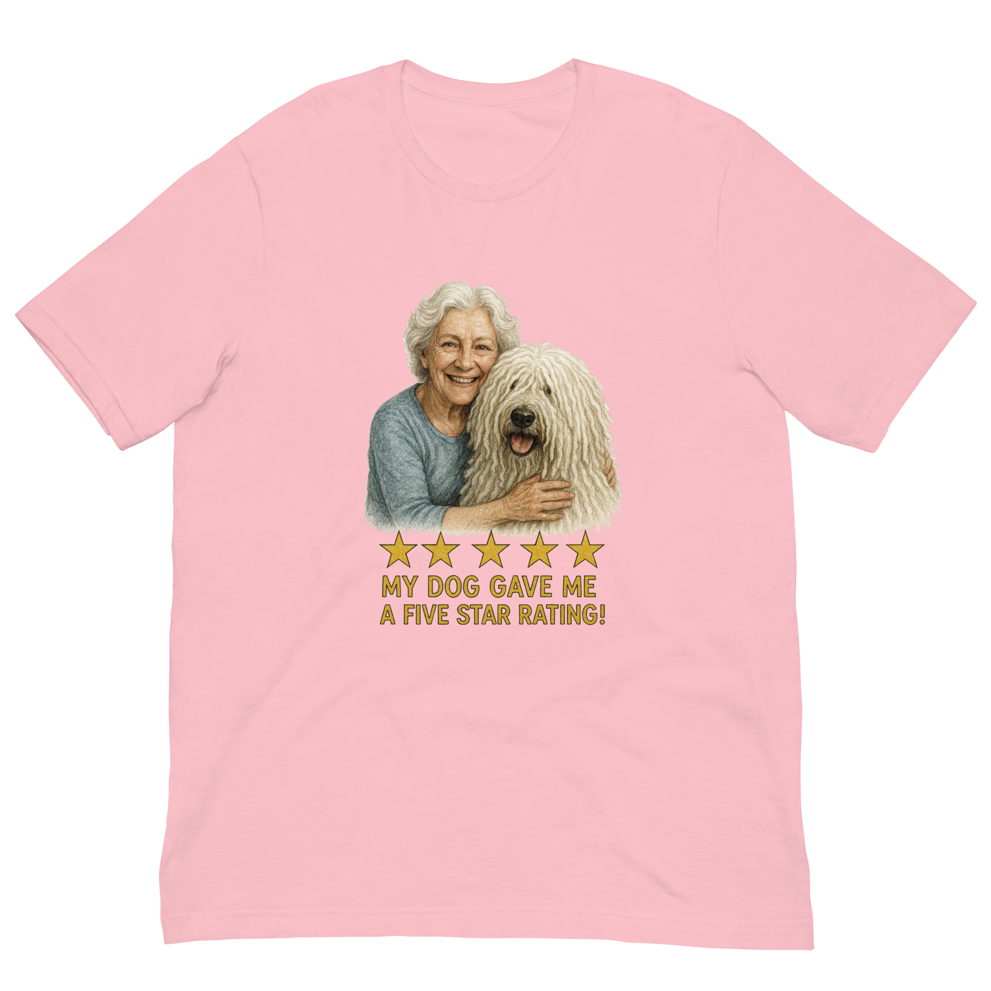 White Hair Woman with Komondor graphic tee.