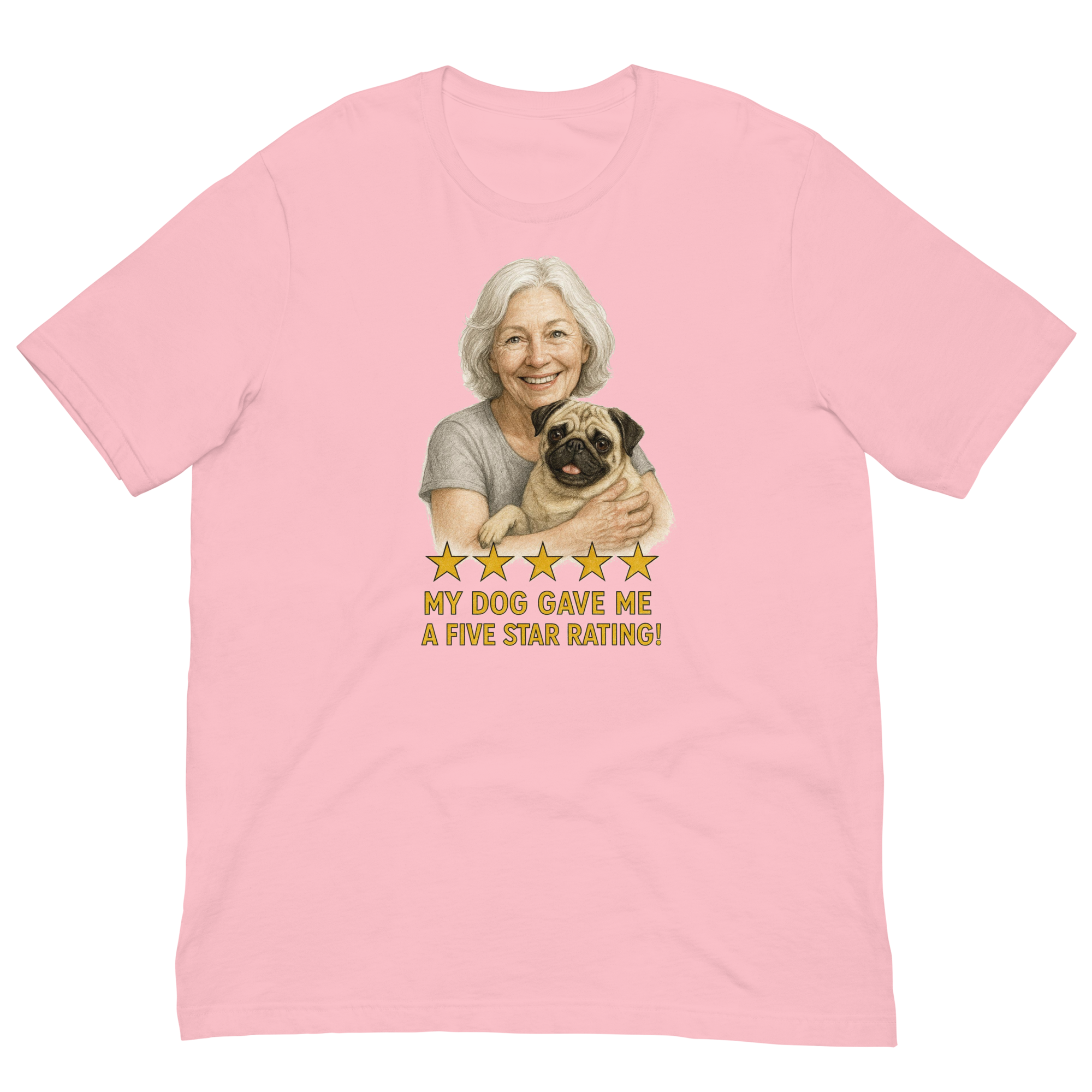White Hair Woman with Pug graphic tee.