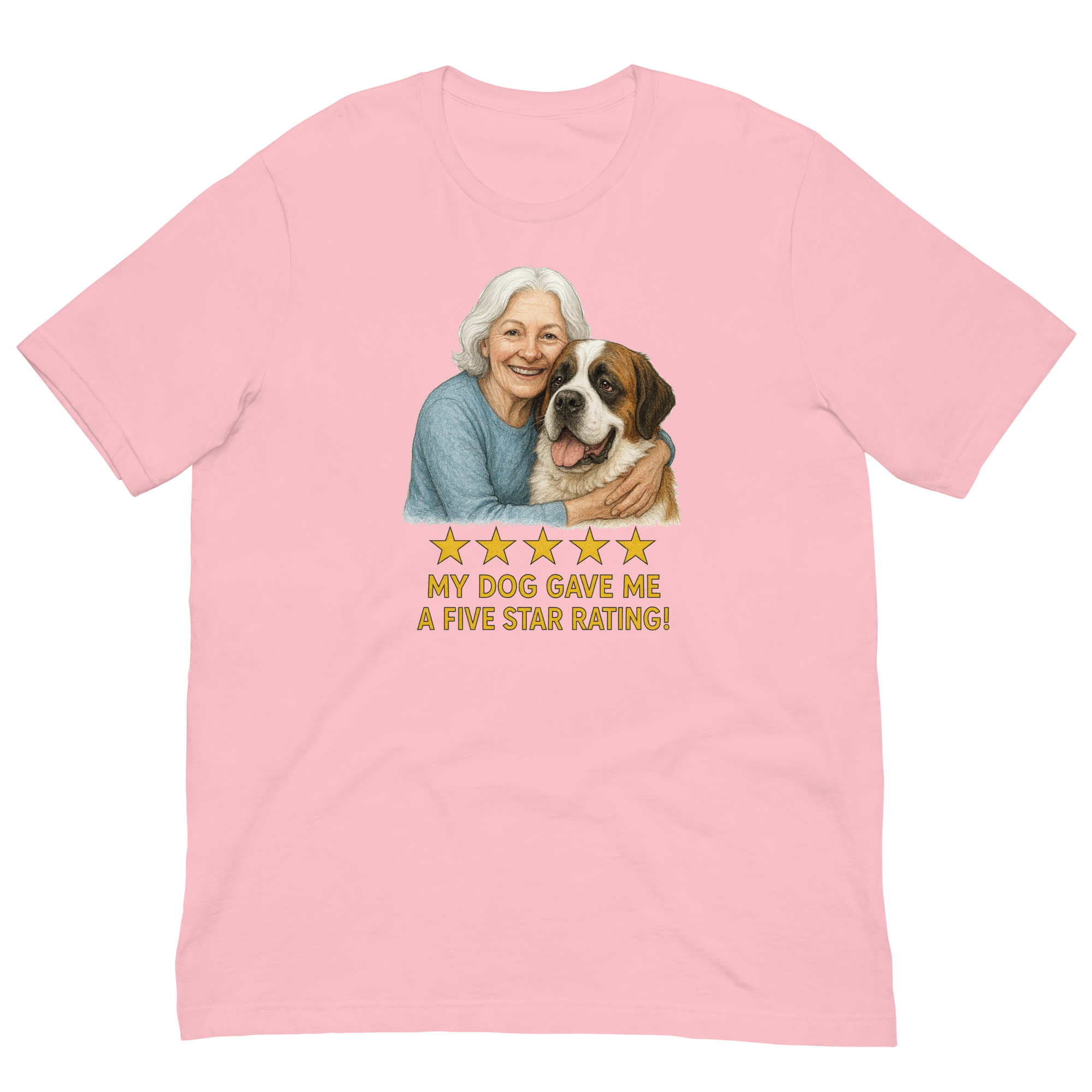 White Hair Woman with Saint Bernard graphic tee.