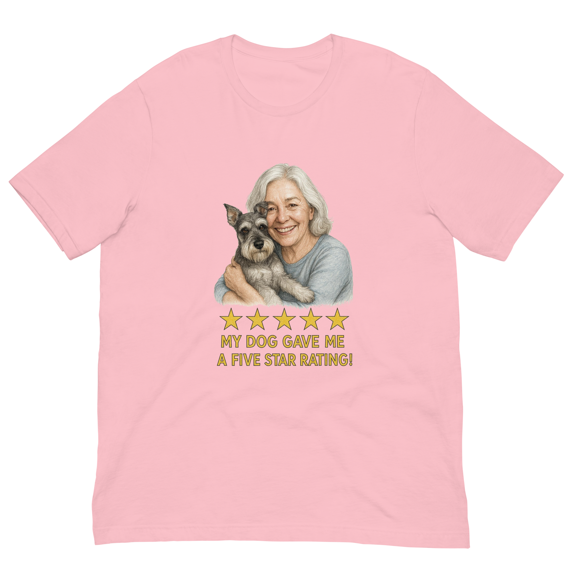 White Hair Woman with Schnauzer graphic tee.