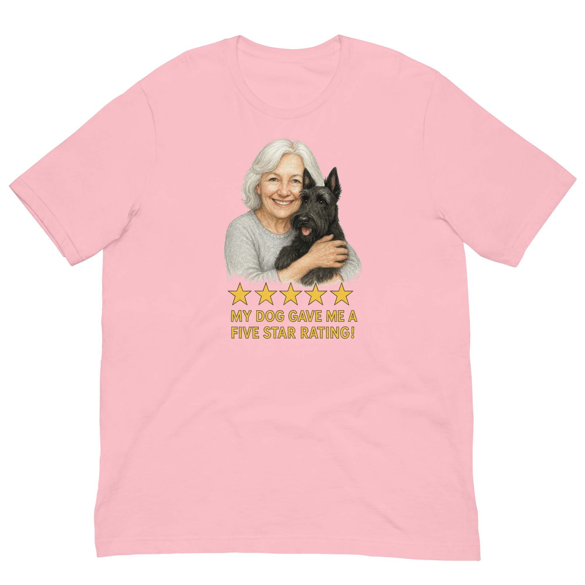 White Hair Woman with Scottie graphic tee.