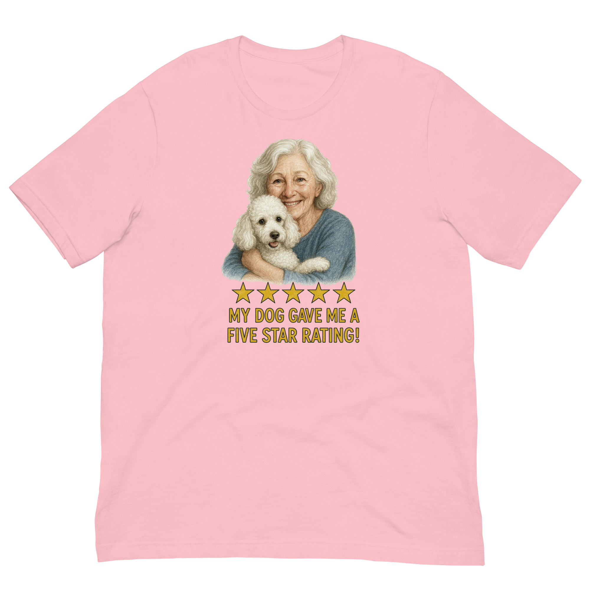 White Hair Woman with White Poodle graphic tee.