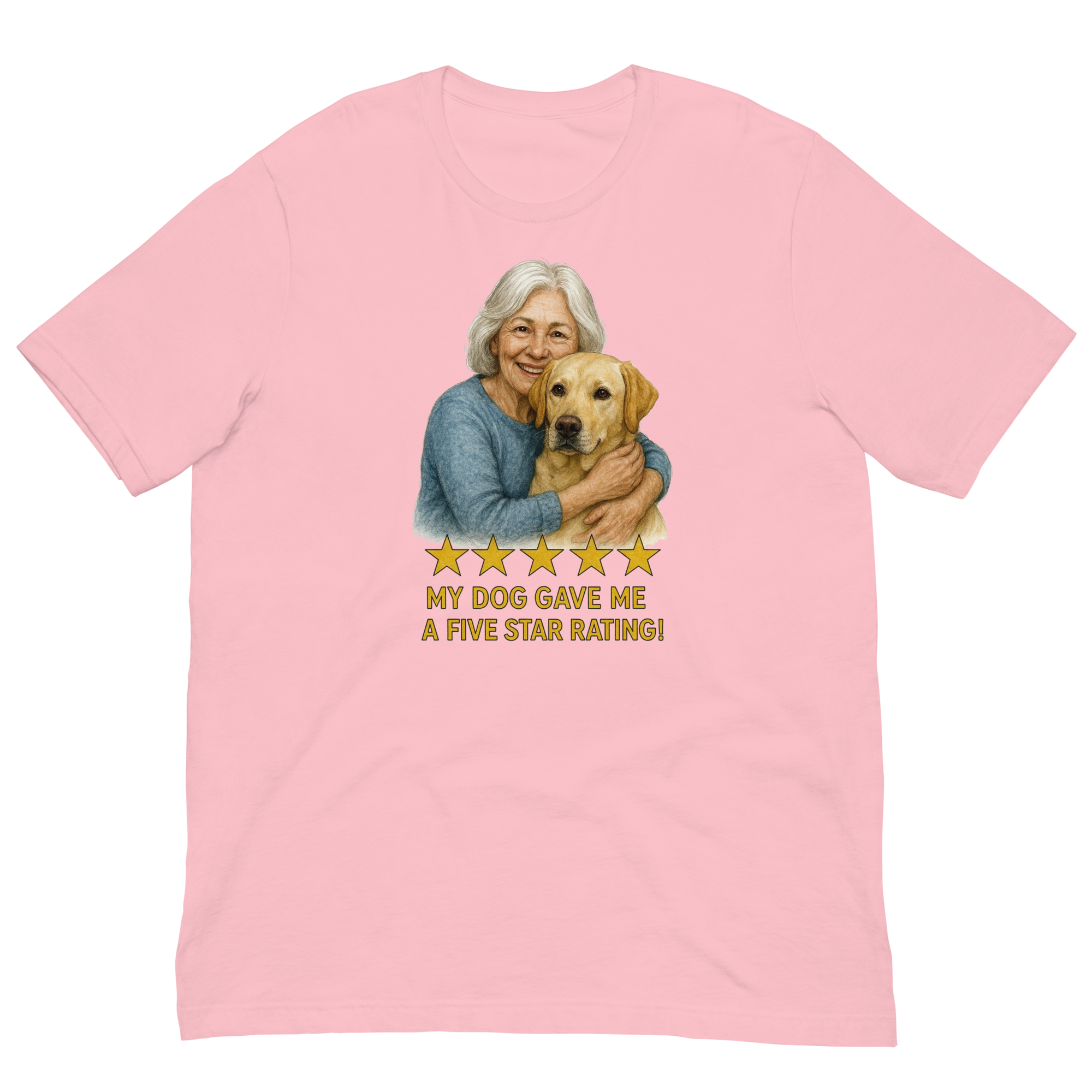 White Hair Woman with Yellow Labrador graphic tee.