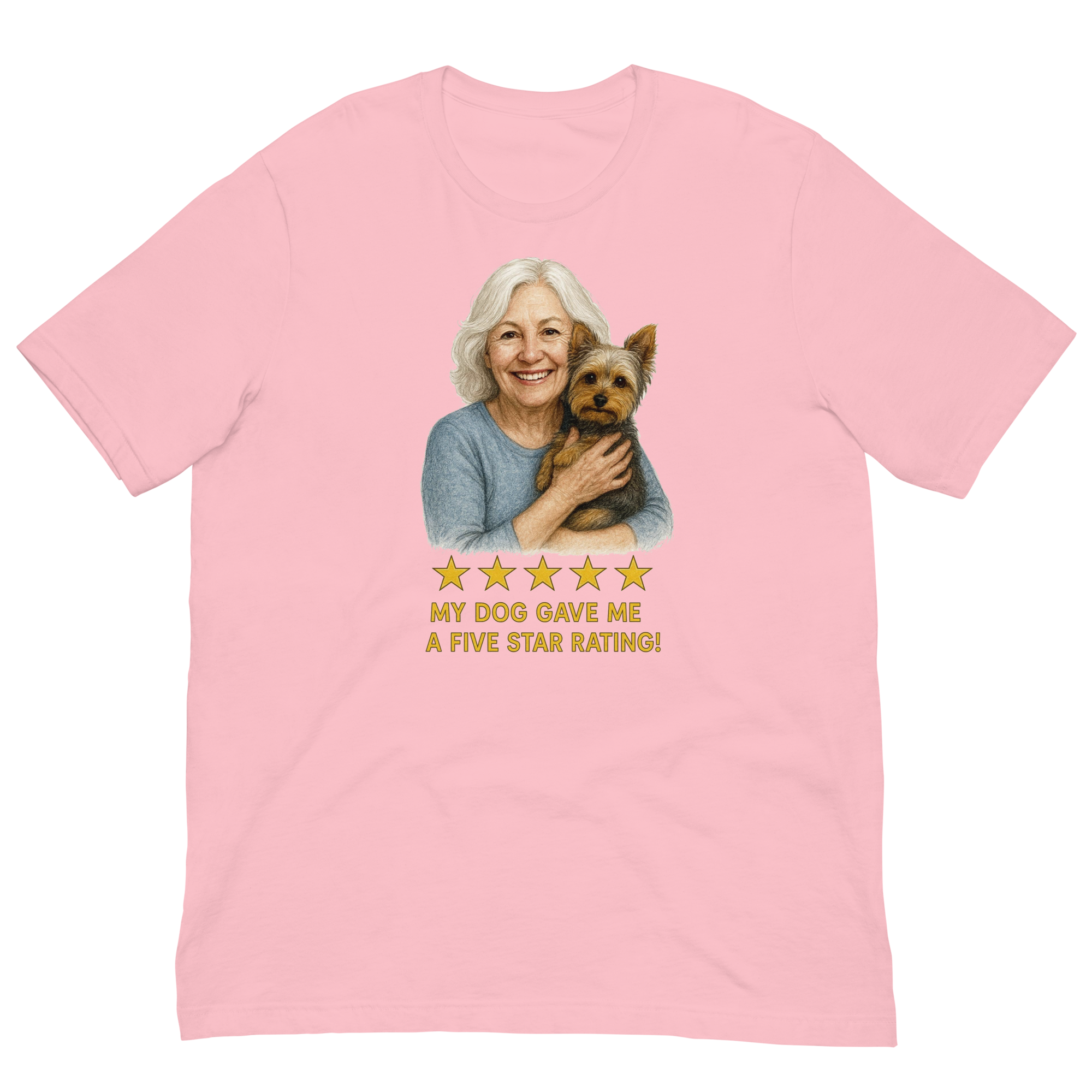 White Hair Woman with Yorkie graphic tee.