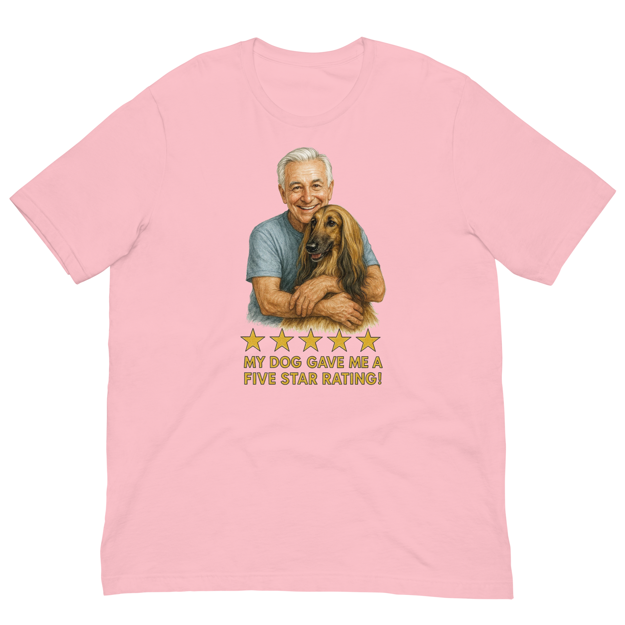 White Hair Man with Afghan Hound graphic tee.