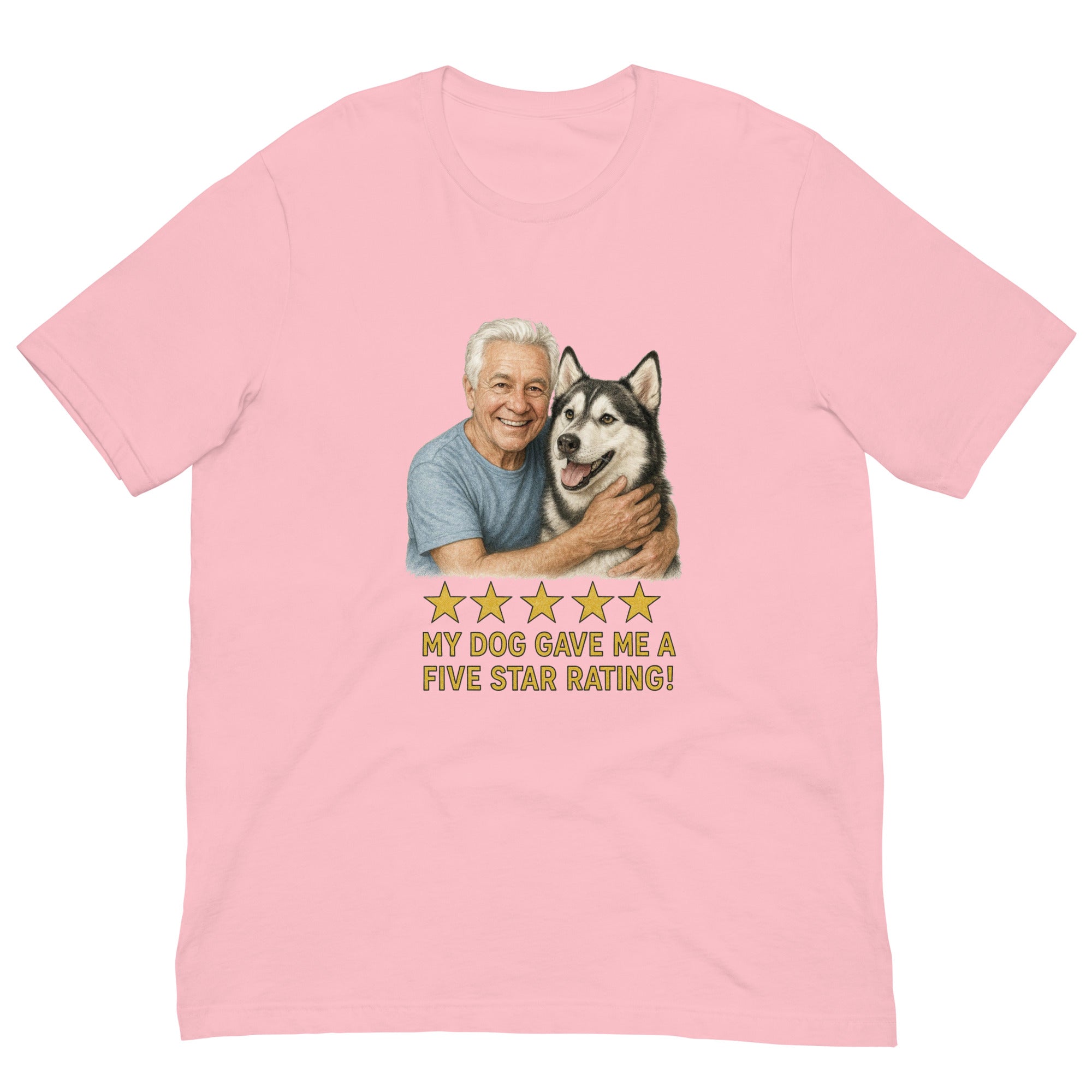 White Hair Man with Alaskan Husky graphic tee.