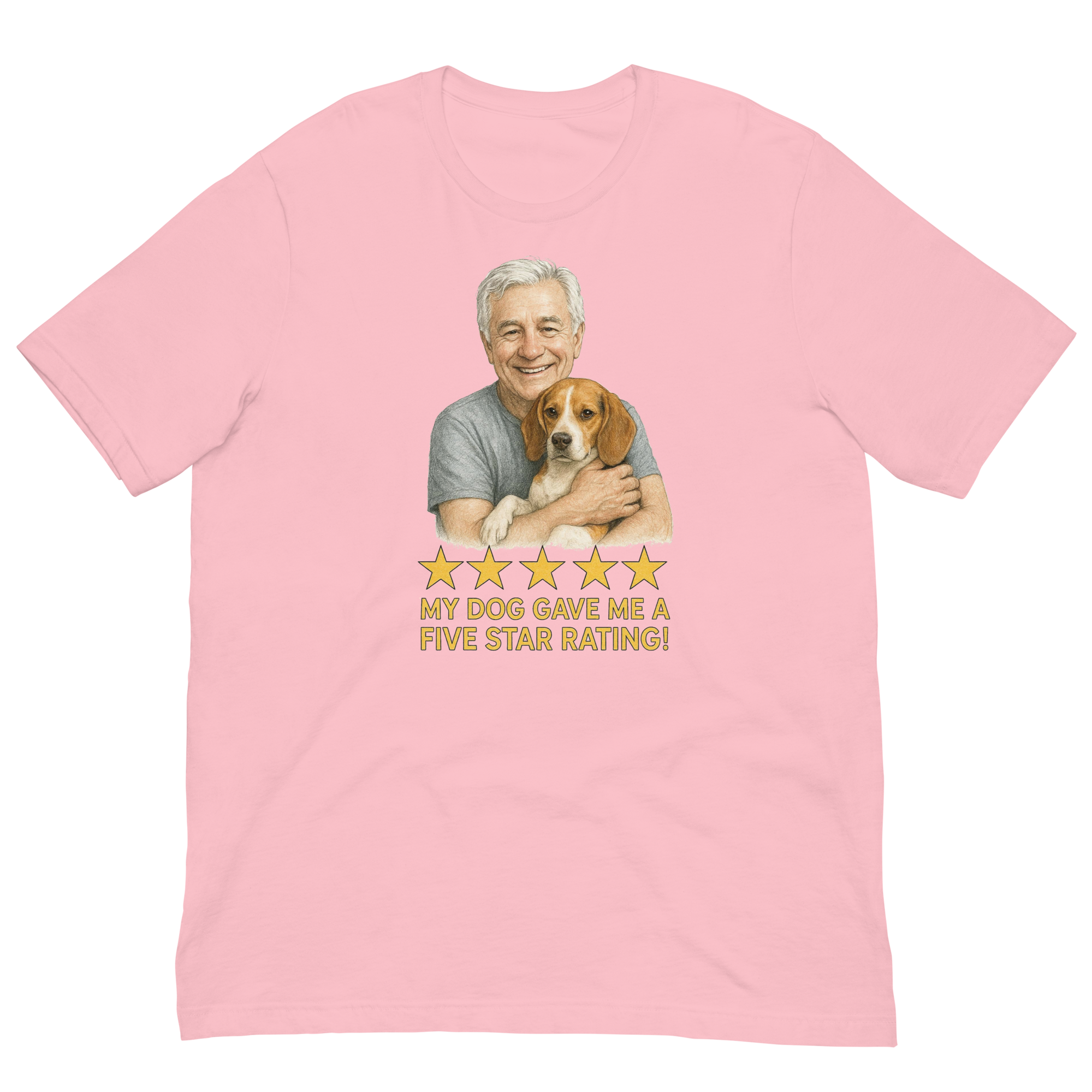 White Hair Man with Beagle graphic tee.
