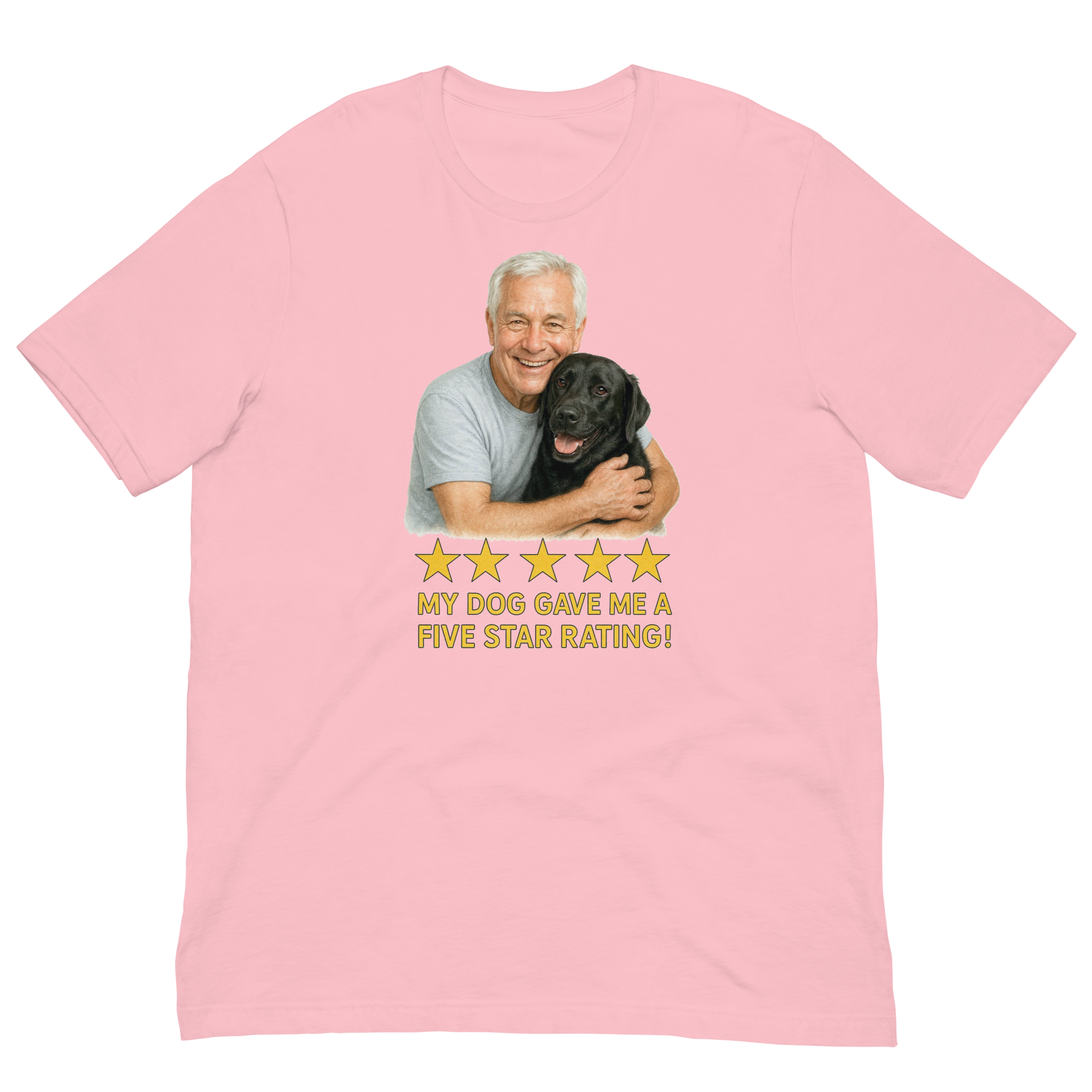 White Hair Man with Black Labrador graphic tee.