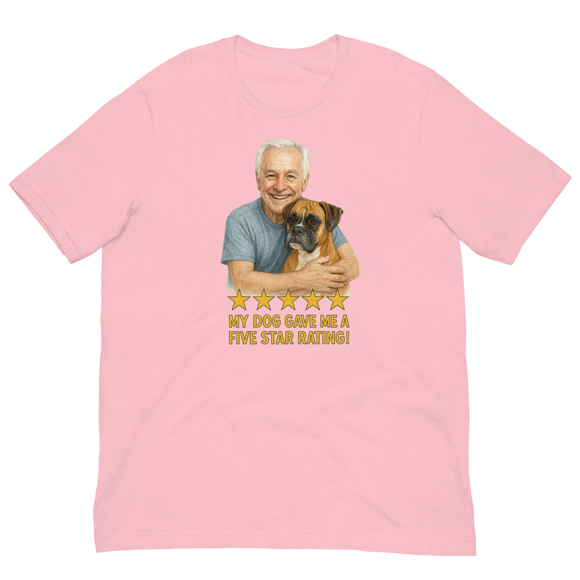 White Hair Man with Boxer graphic tee.