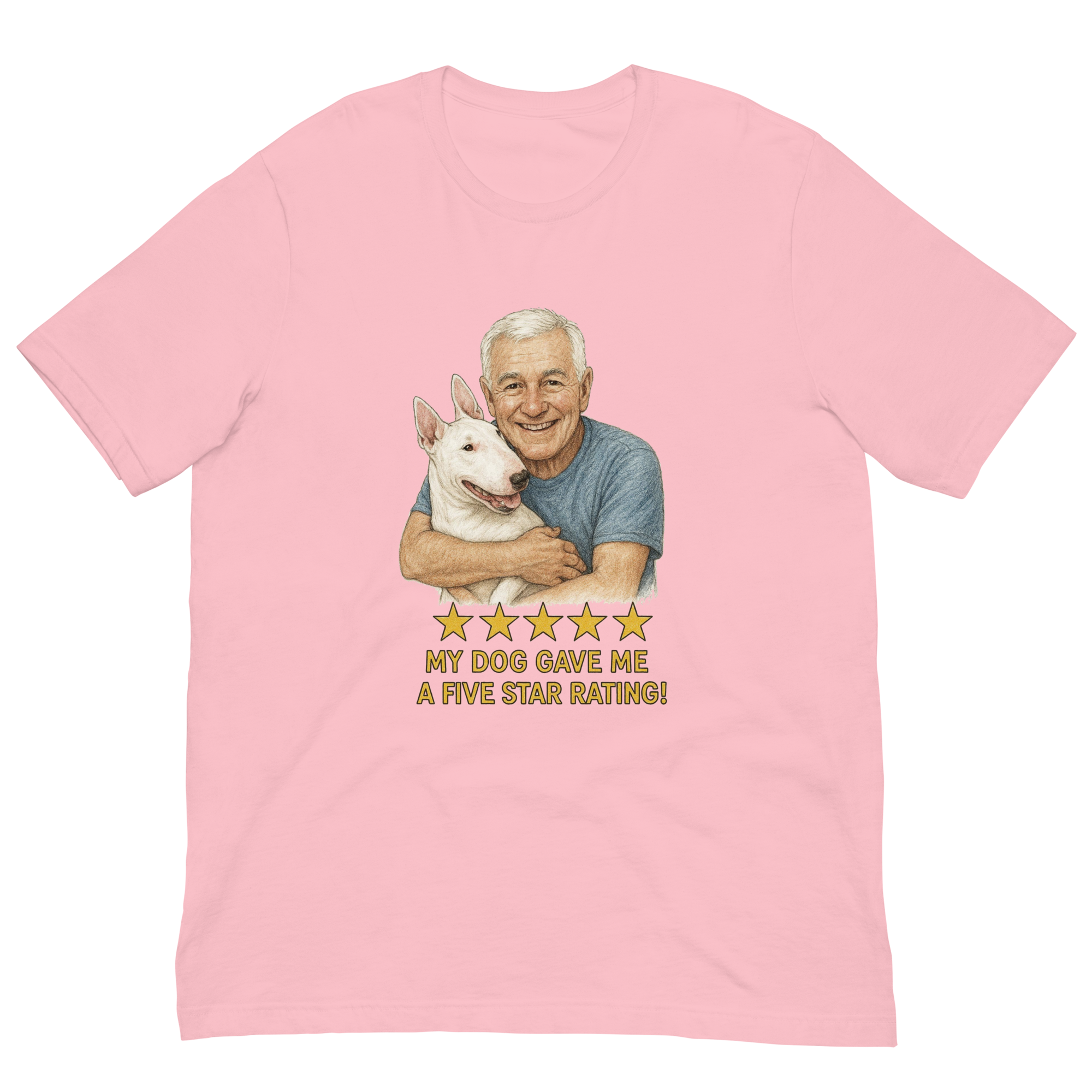 White Hair Man with Bull Terrier graphic tee.
