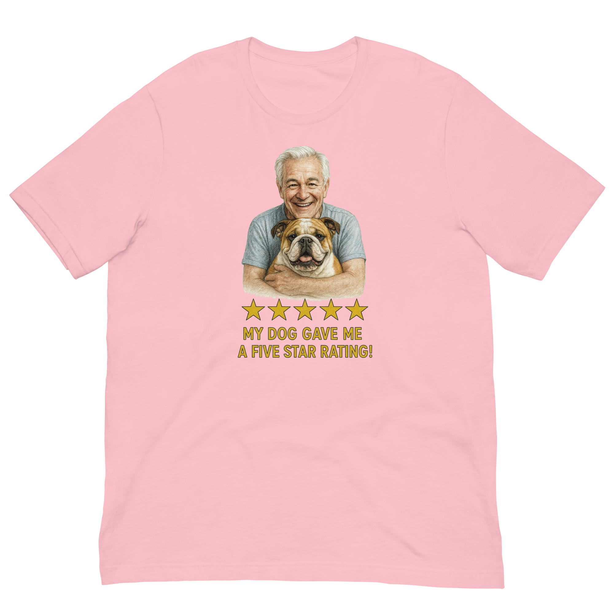 White Hair Man with Bulldog graphic tee.