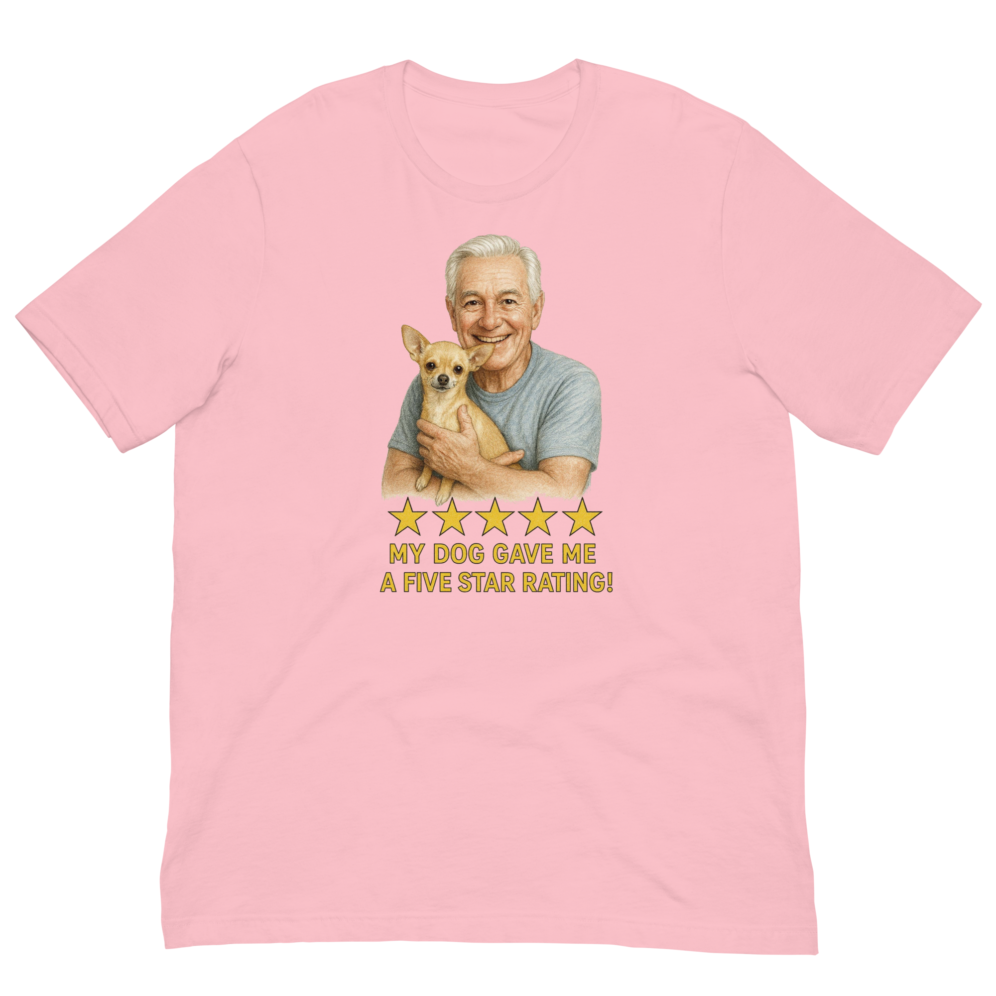 White Hair Man with Chihuahua graphic tee.