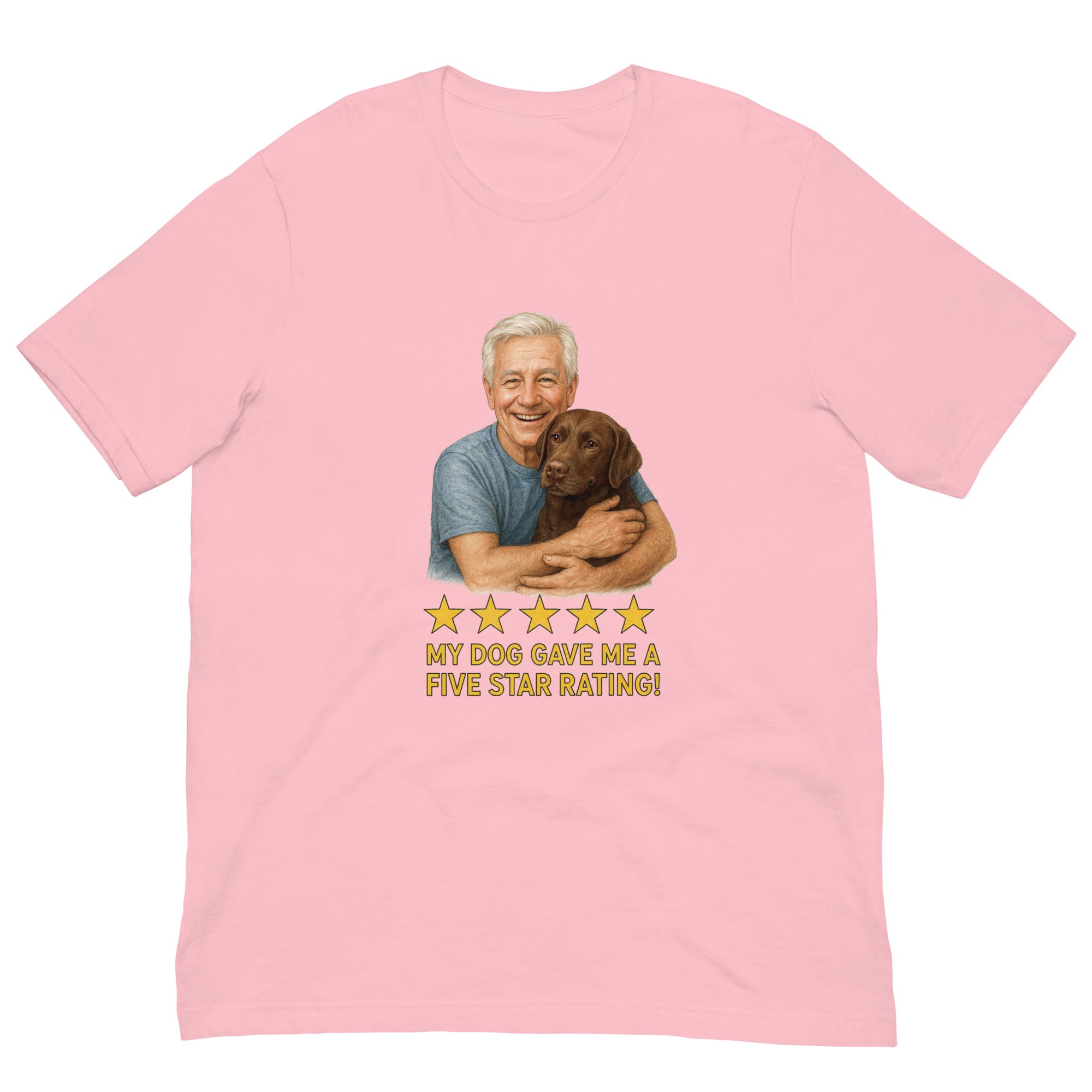 White Hair Man with Chocolate Labrador graphic tee.