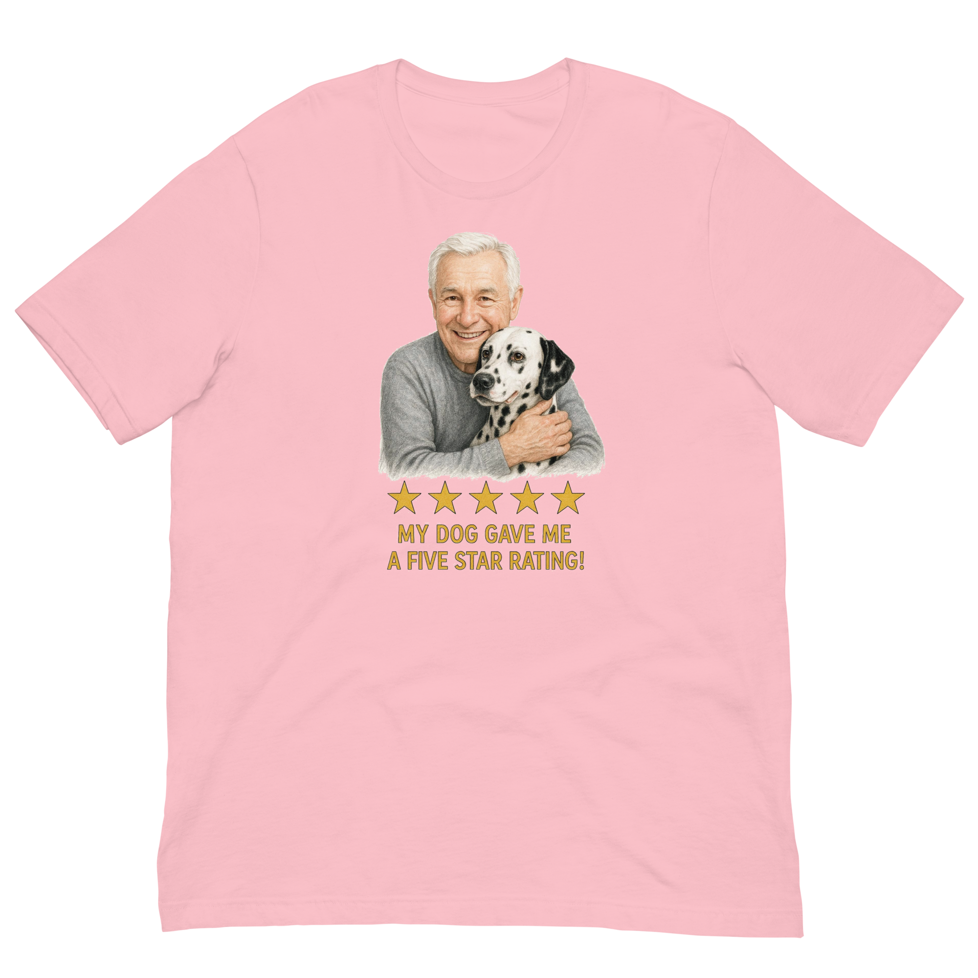 White Hair Man with Dalmatian graphic tee.