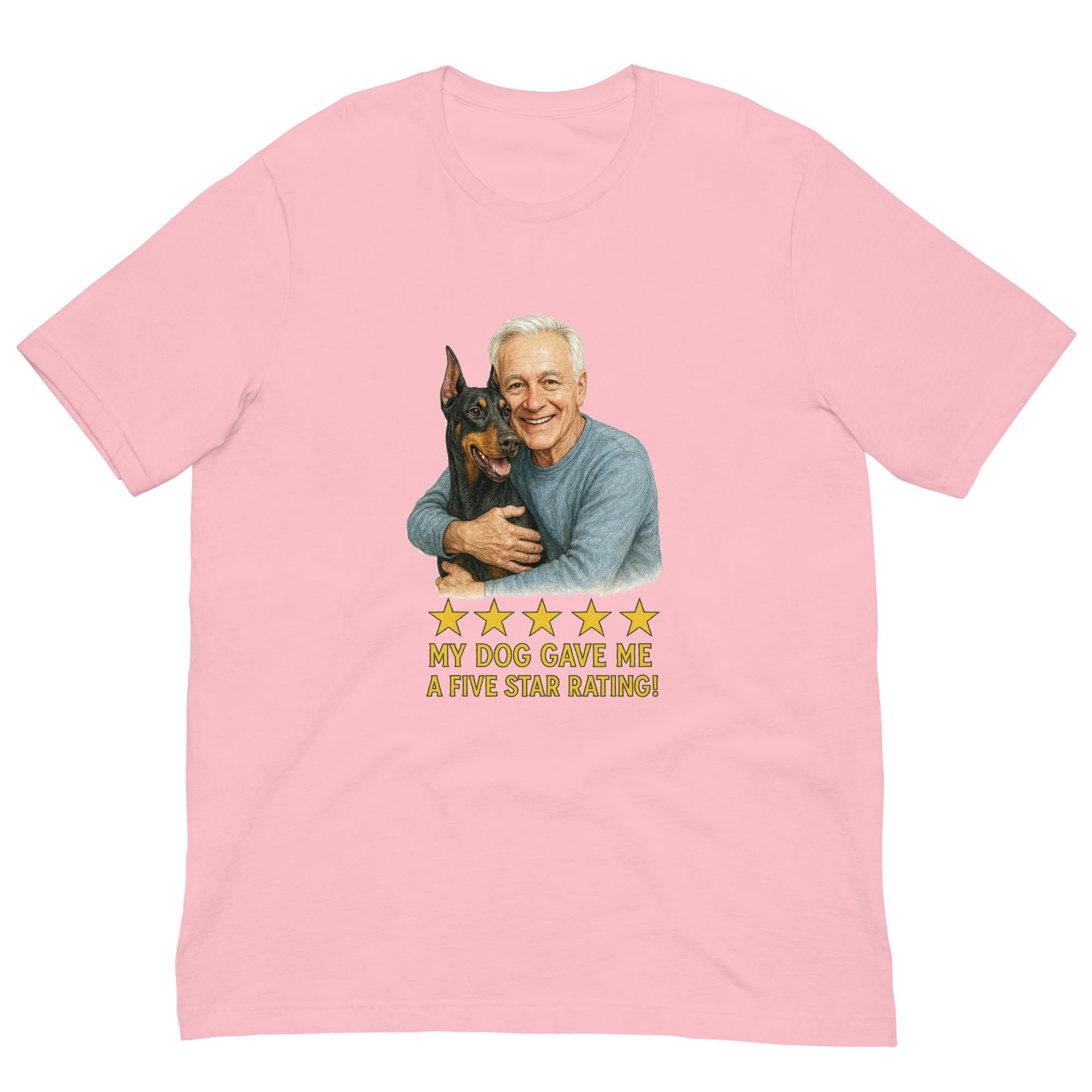 White Hair Man with Doberman Pinscher graphic tee.