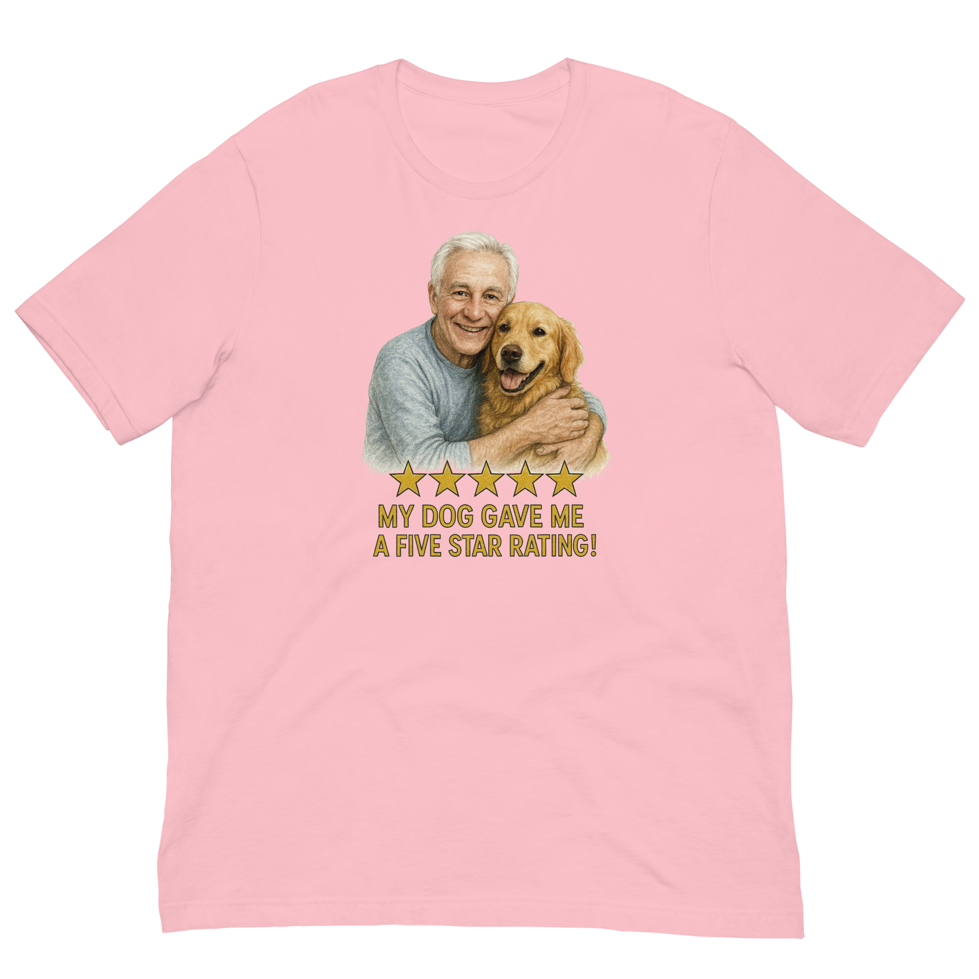 White Hair Man with Golden Retriever graphic tee.