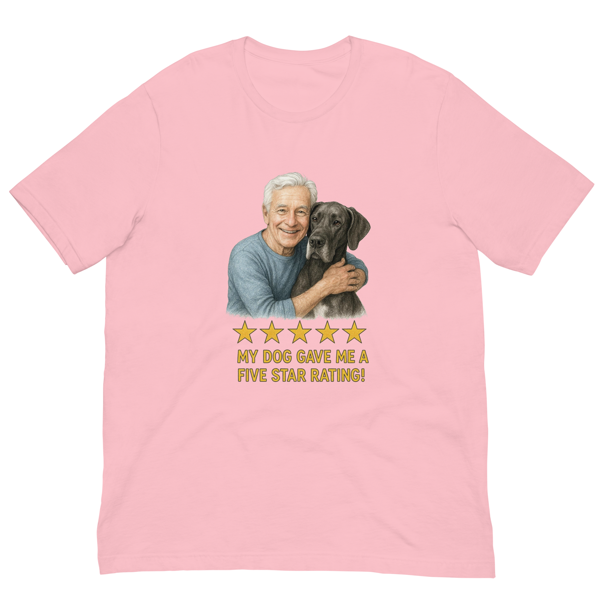 White Hair Man with Great Dane graphic tee.