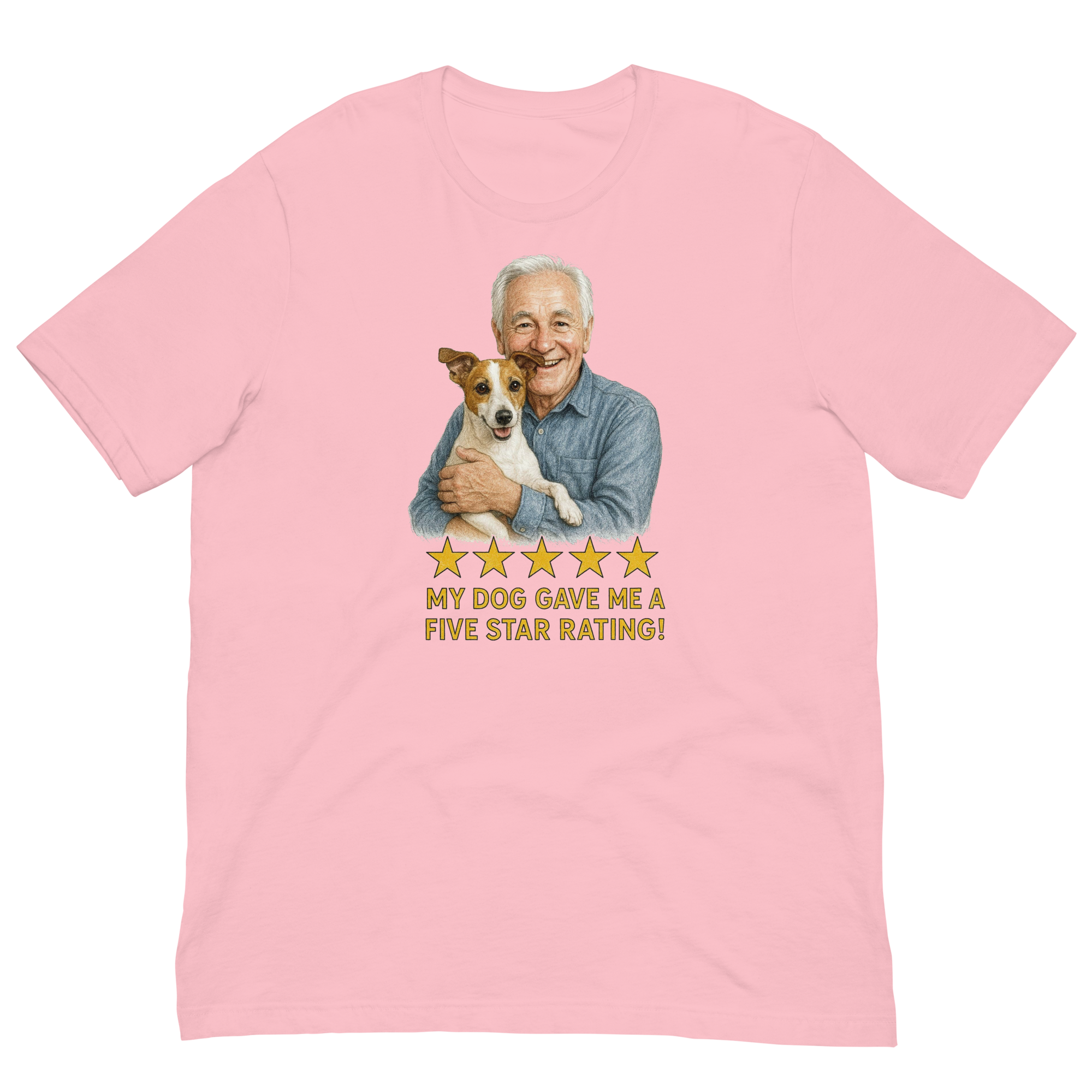White Hair Man with Jack Russell Terrier graphic tee.