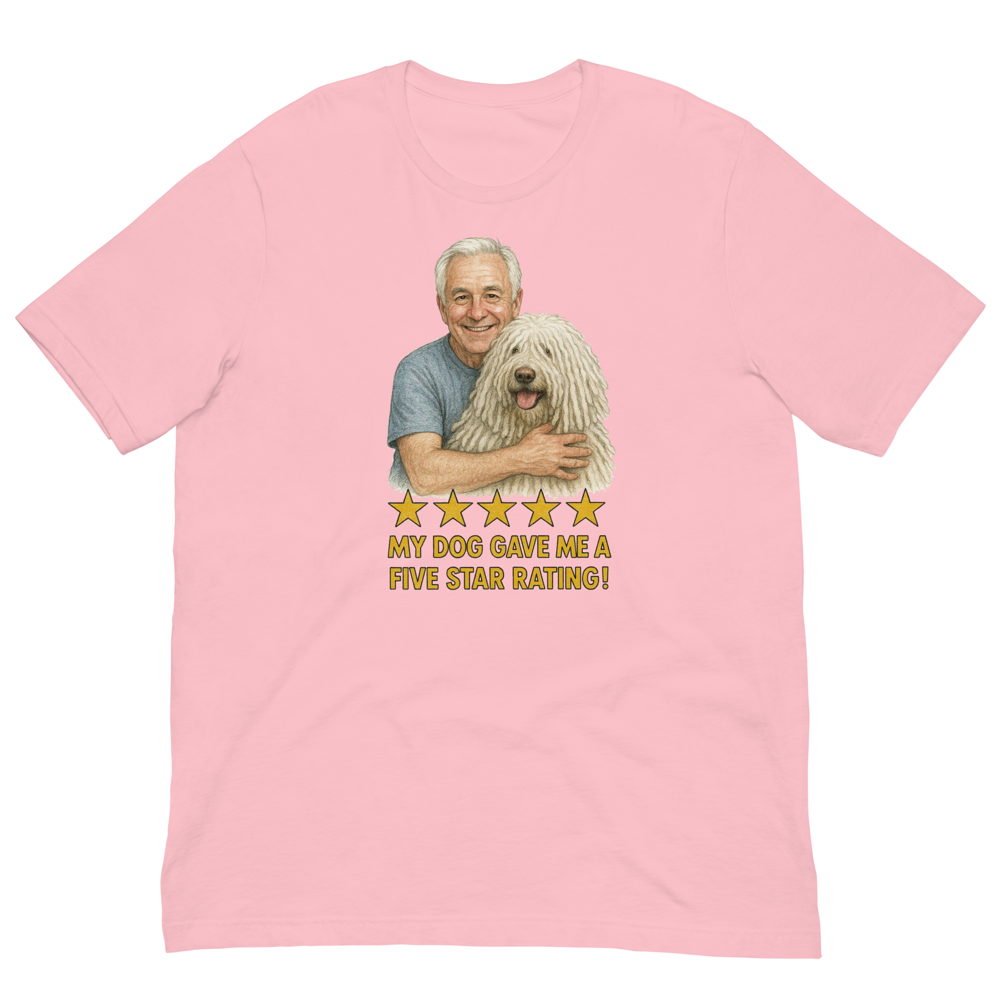 White Hair Man with Komondor graphic tee.