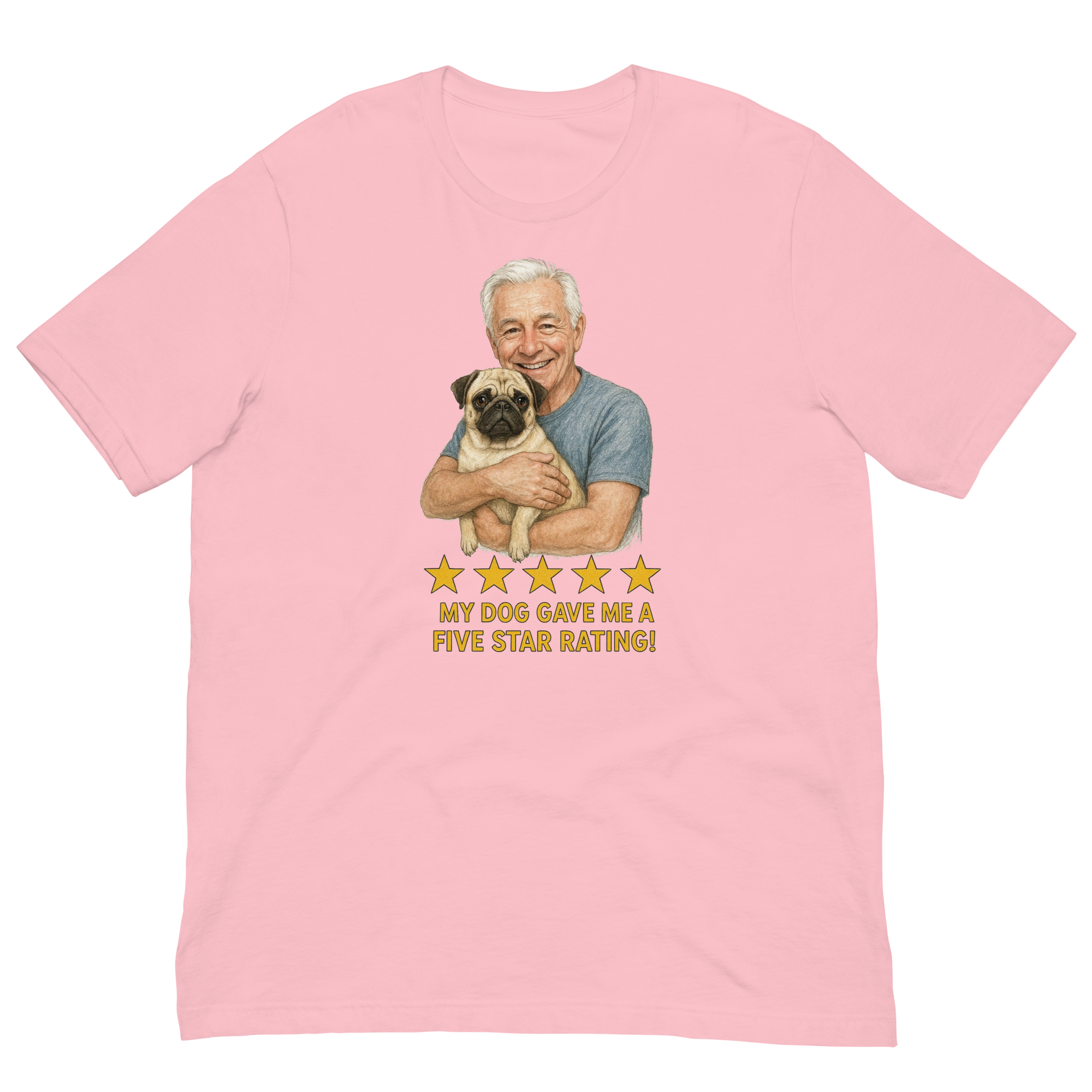White Hair Man with Pug graphic tee.