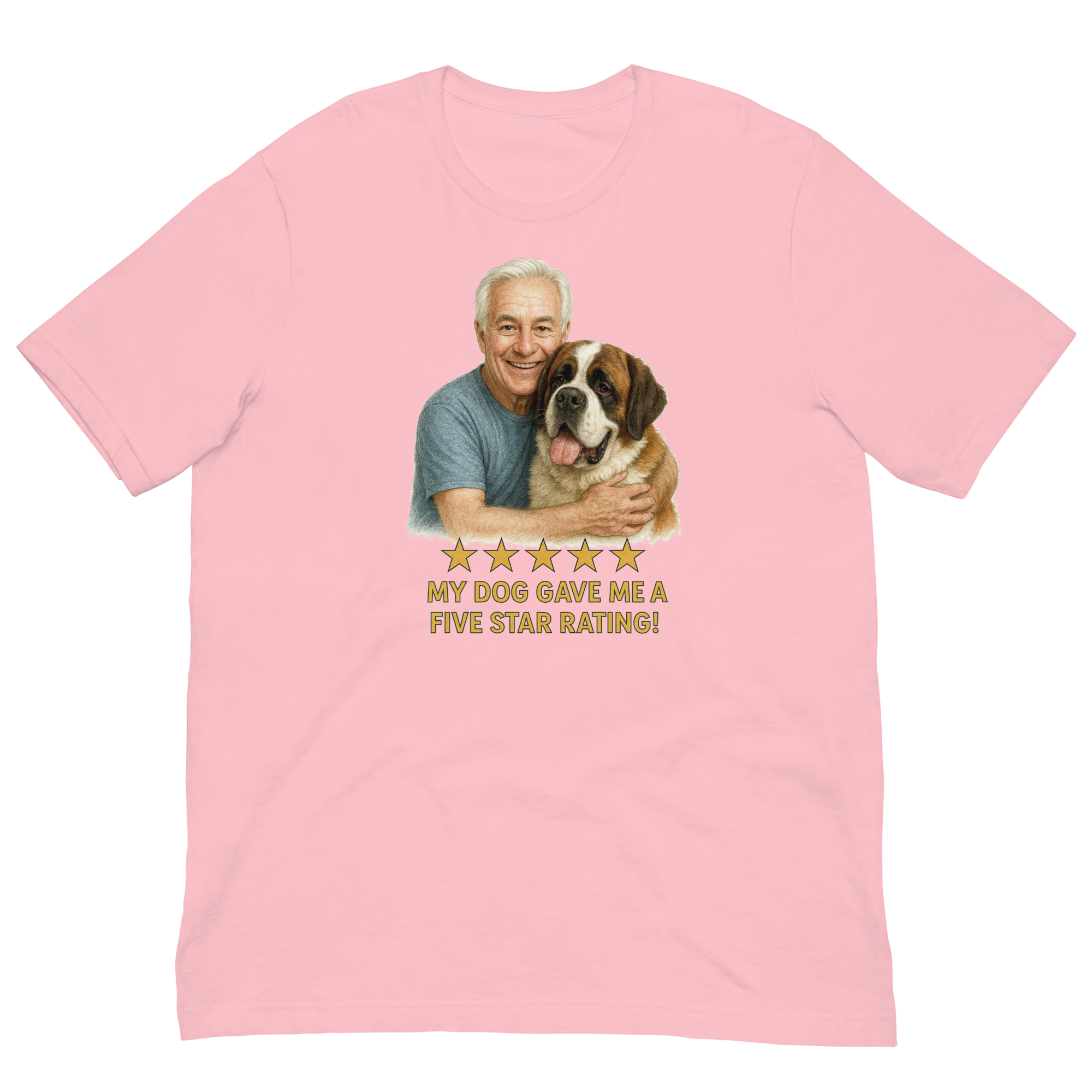White Hair Man with Saint Bernard graphic tee.