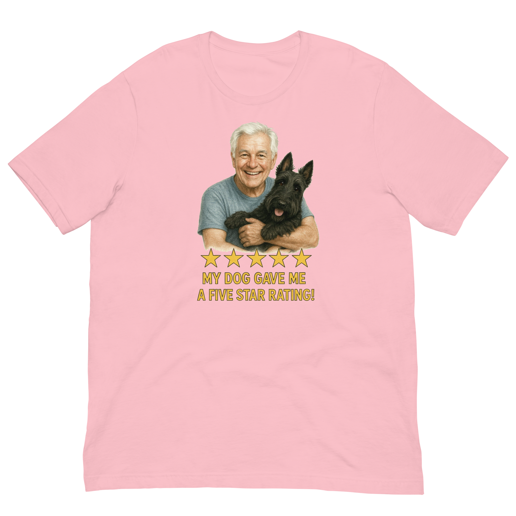 White Hair Man with Scottie graphic tee.