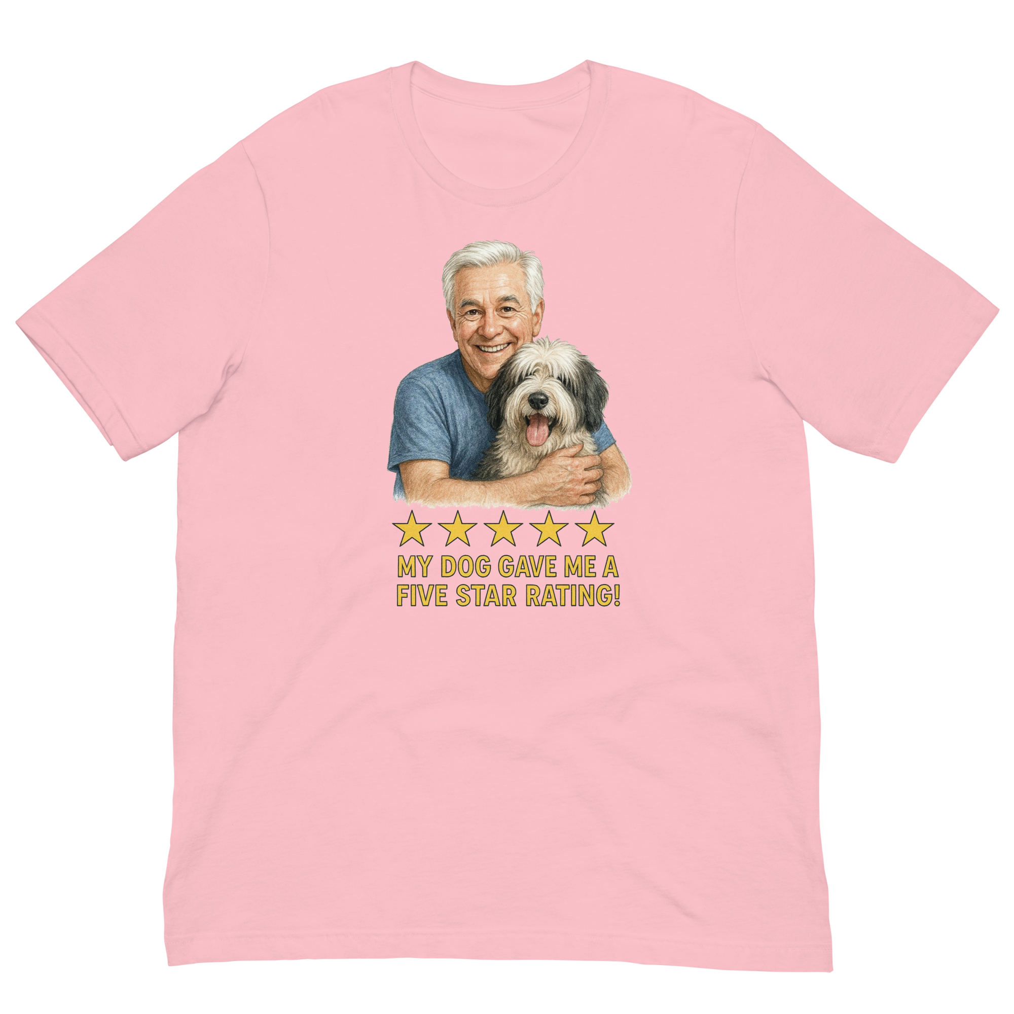 White Hair Man with Sheepdog graphic tee.