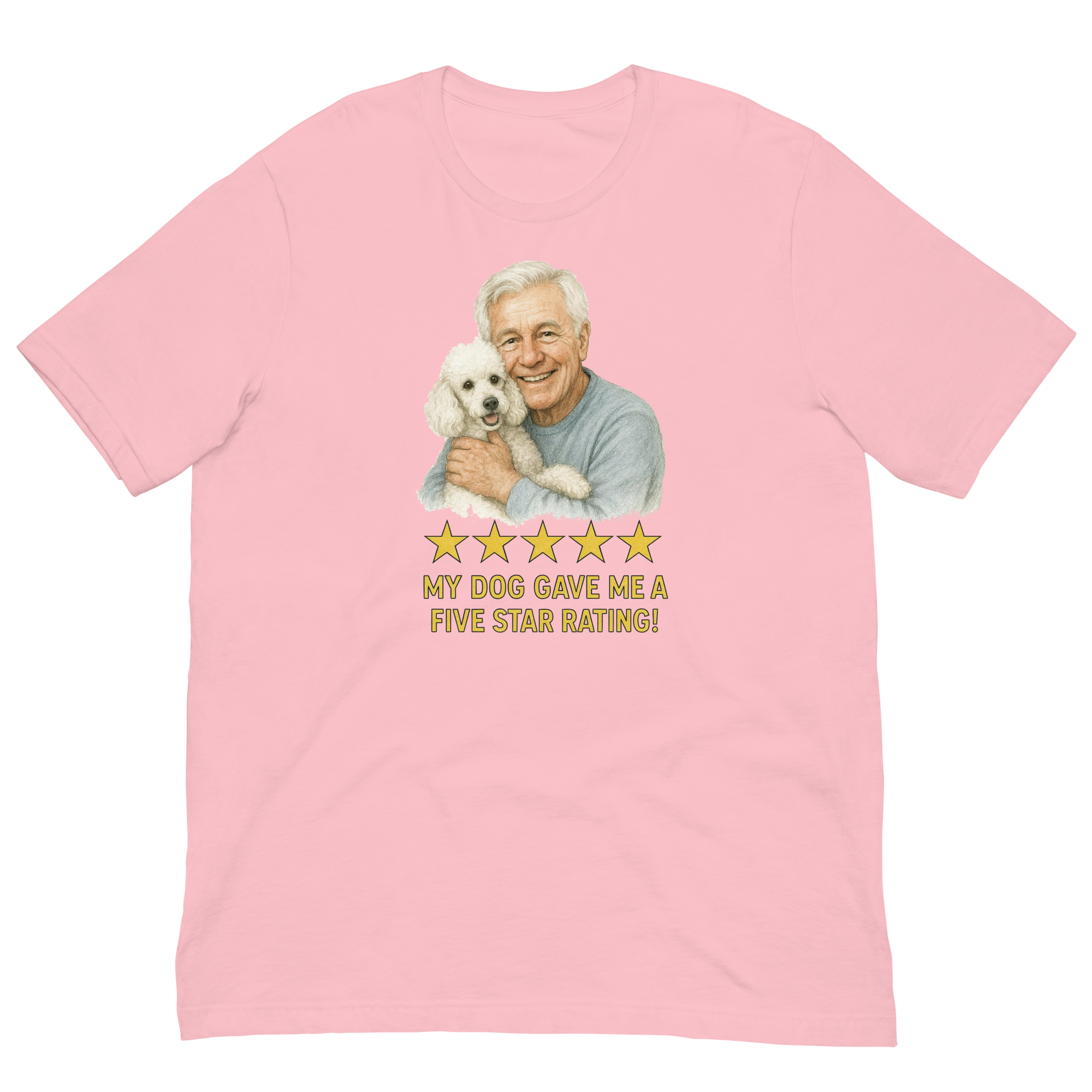 White Hair Man with White Poodle graphic tee.
