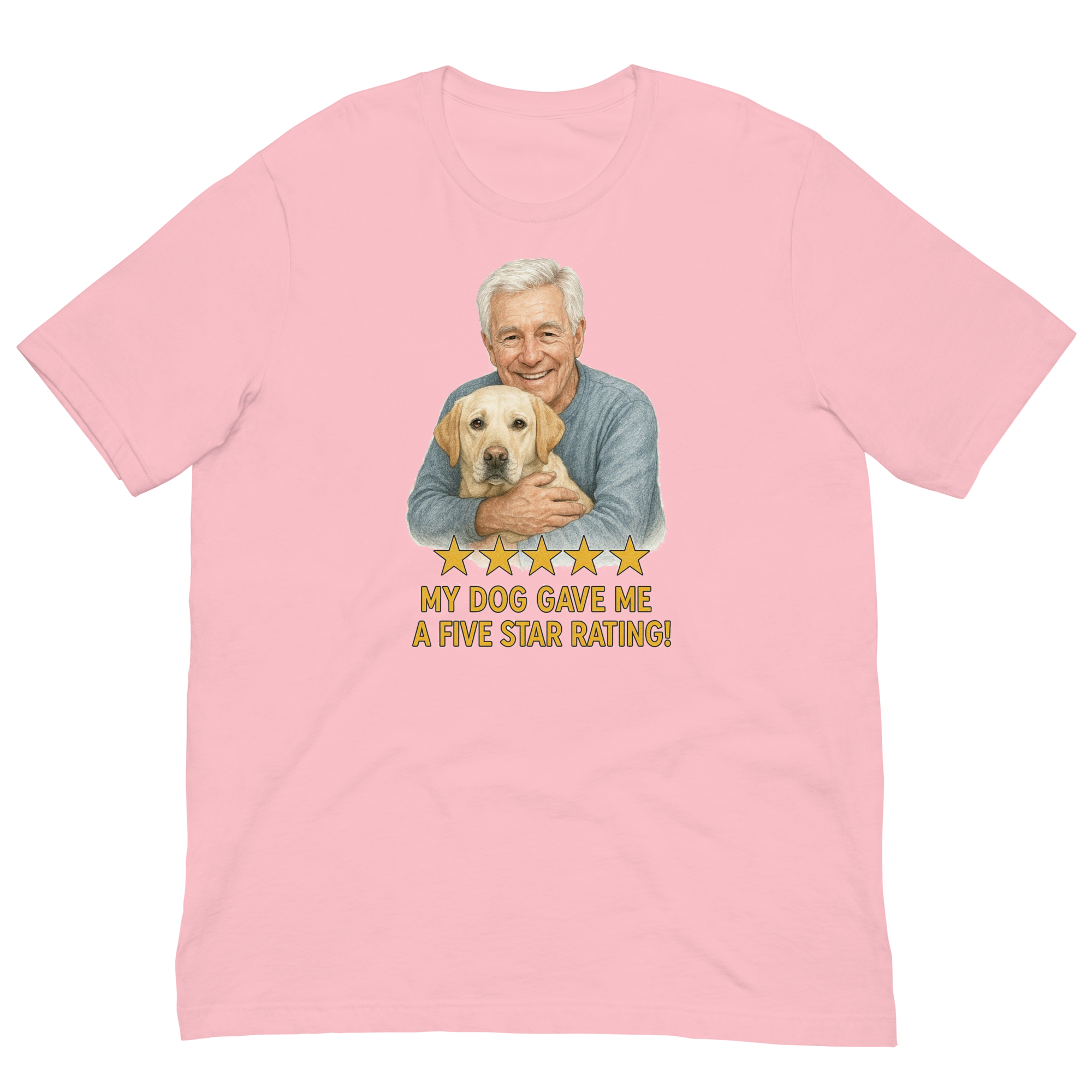 White Hair Man with Yellow Labrador graphic tee.