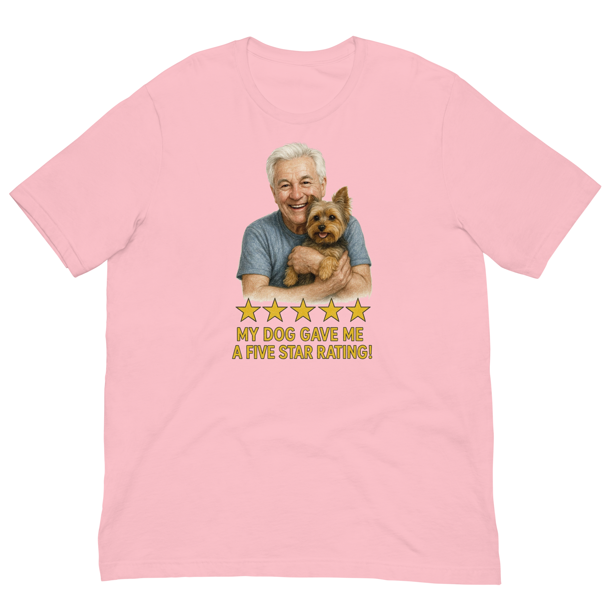 White Hair Man with Yorkie graphic tee.