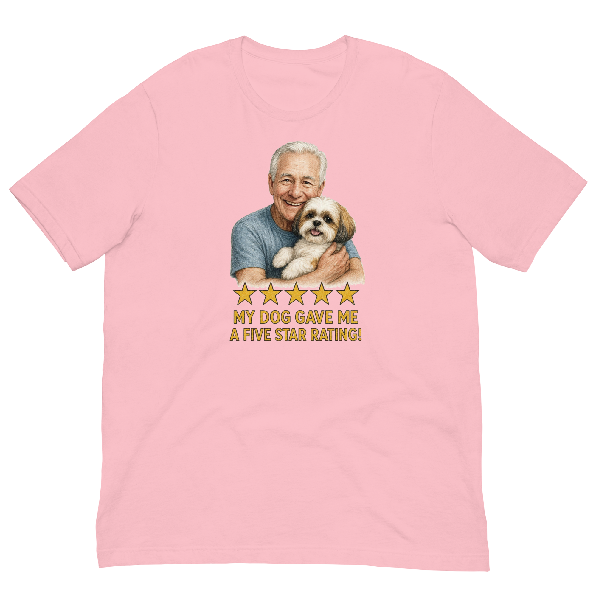 White Hair Man with Shih Tzu graphic tee.