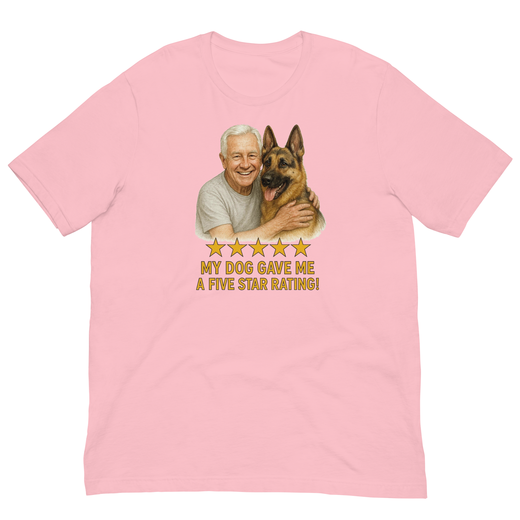 White Hair Man with German Shepherd graphic tee.