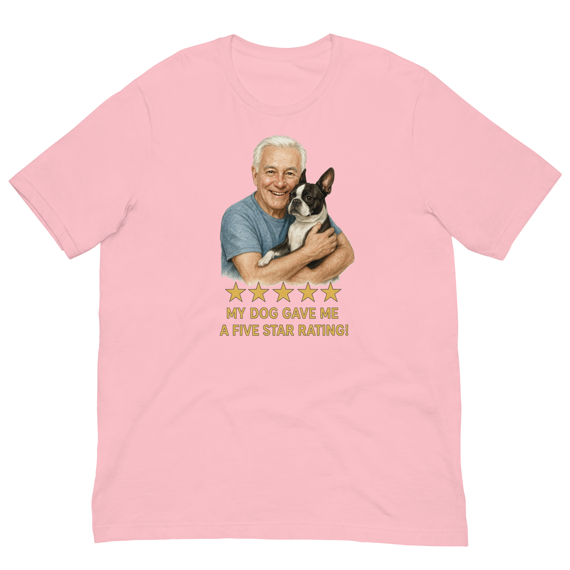 White Hair Man with Boston Terrier graphic tee.