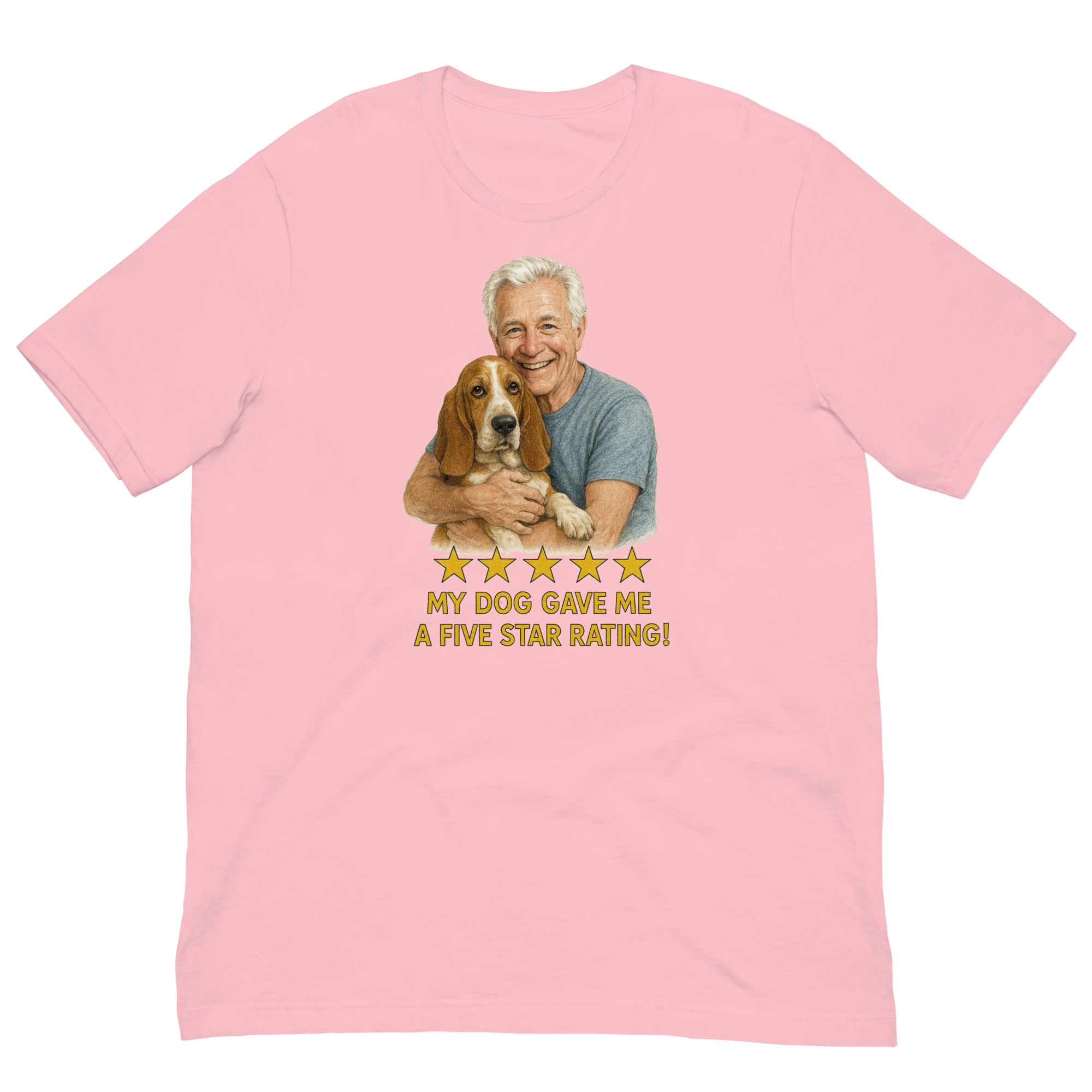White Hair Man with Basset Hound graphic tee.