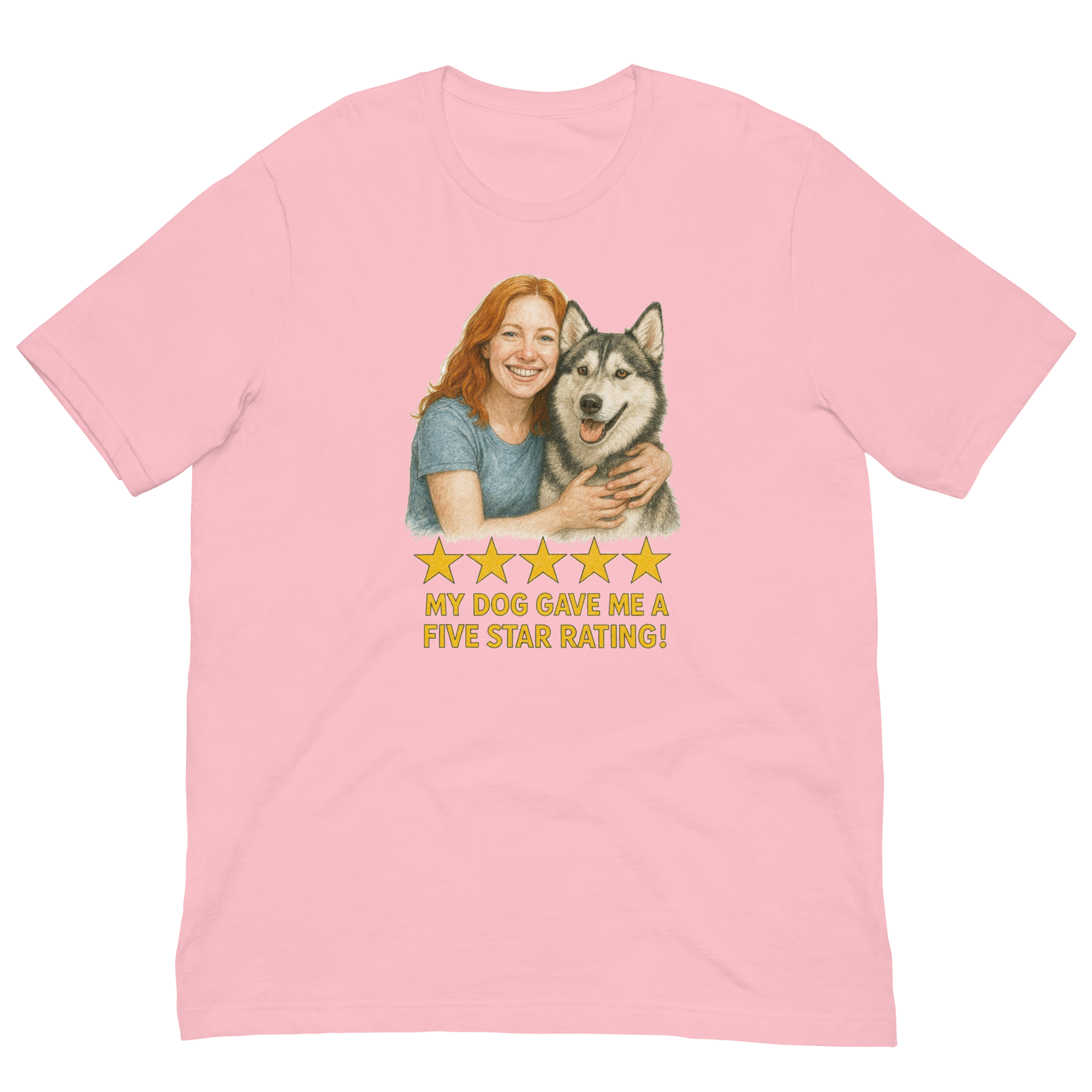Red Hair Woman with Alaskan Husky graphic tee.