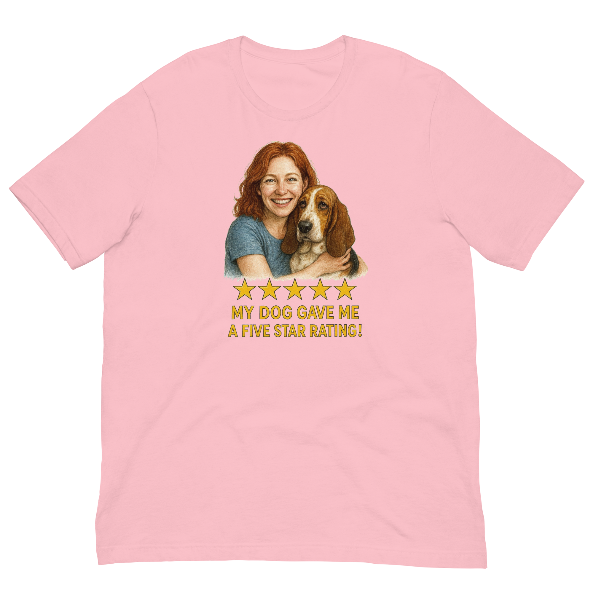Red Hair Woman with Basset Hound graphic tee.