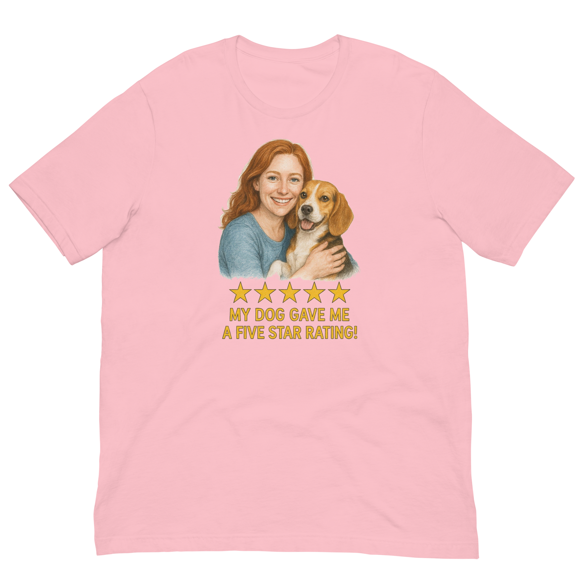 Red Hair Woman with Beagle graphic tee.