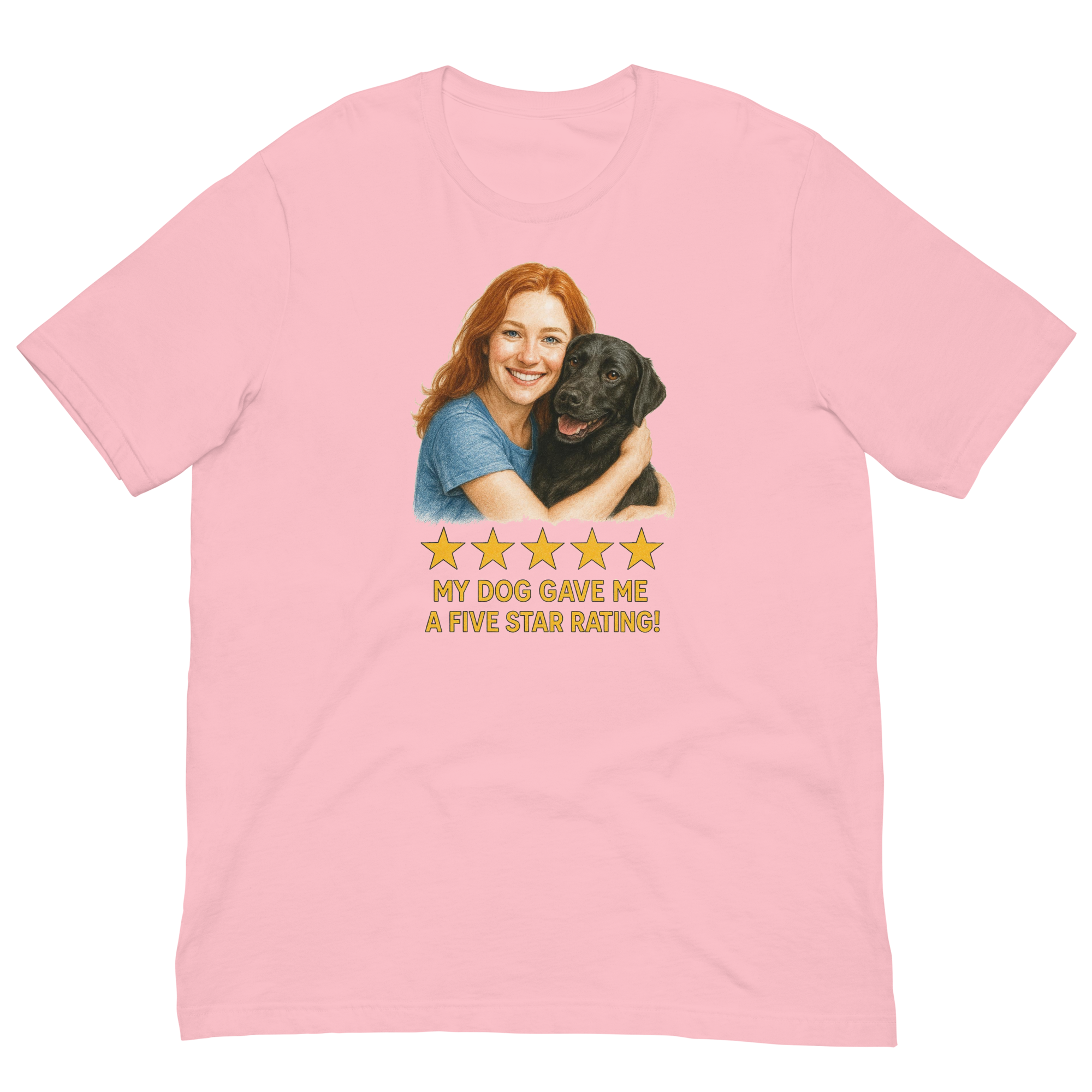 Red Hair Woman with Black Labrador graphic tee.