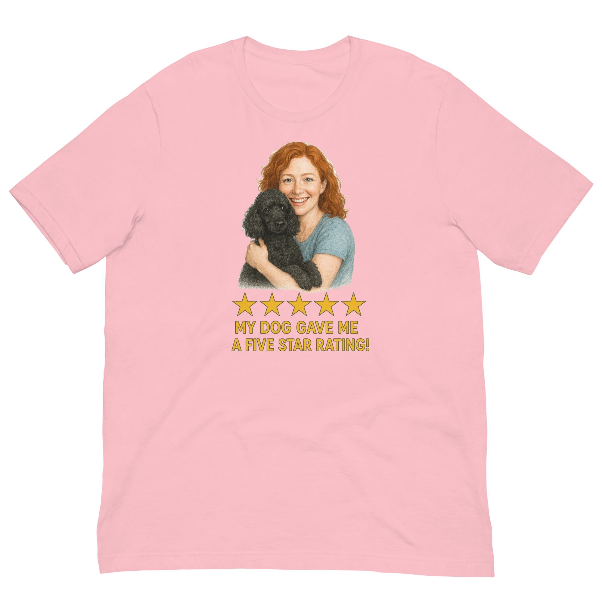 Red Hair Woman with Black Poodle graphic tee.