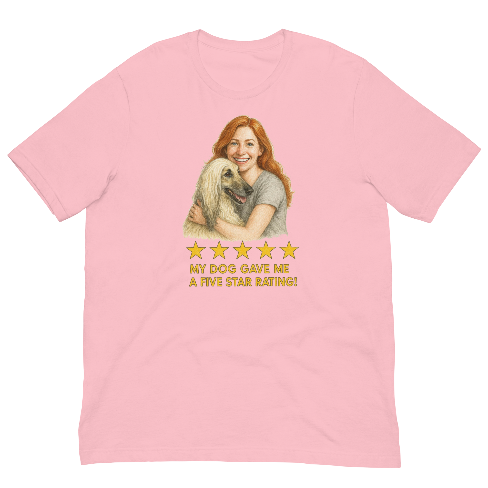 Red Hair Woman with Afghan Hound graphic tee.