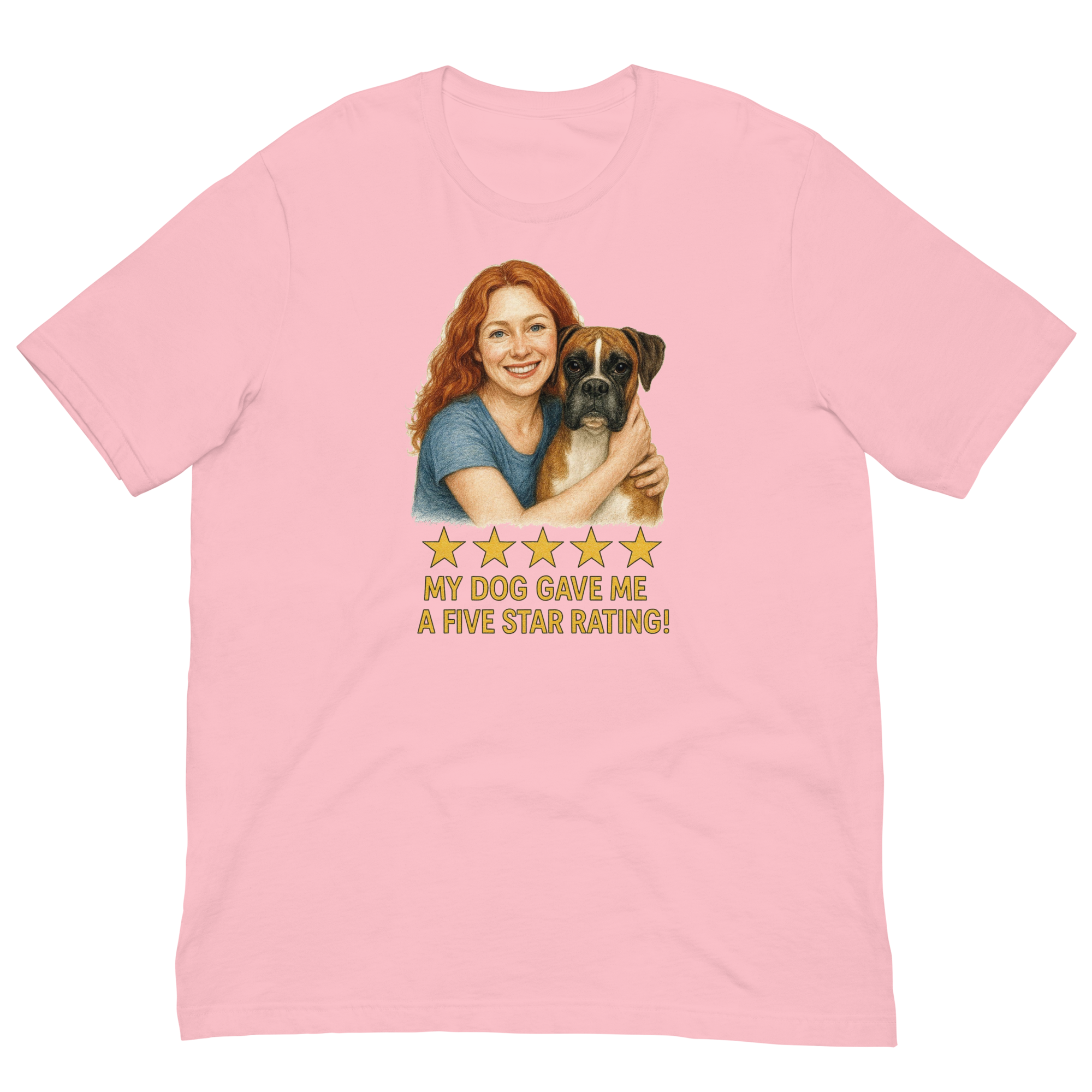 Red Hair Woman with Boxer graphic tee.