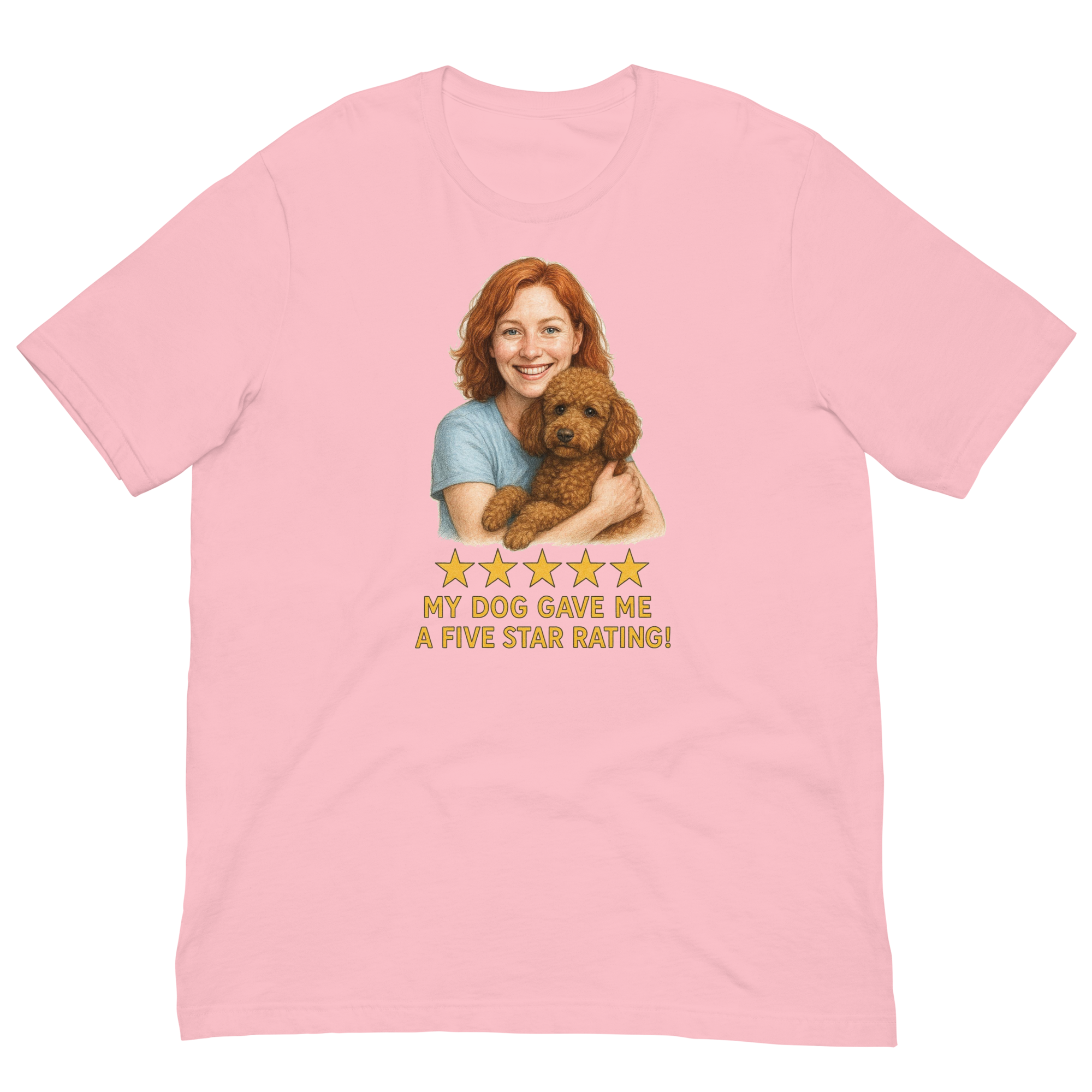 Red Hair Woman with Brown Poodle graphic tee.