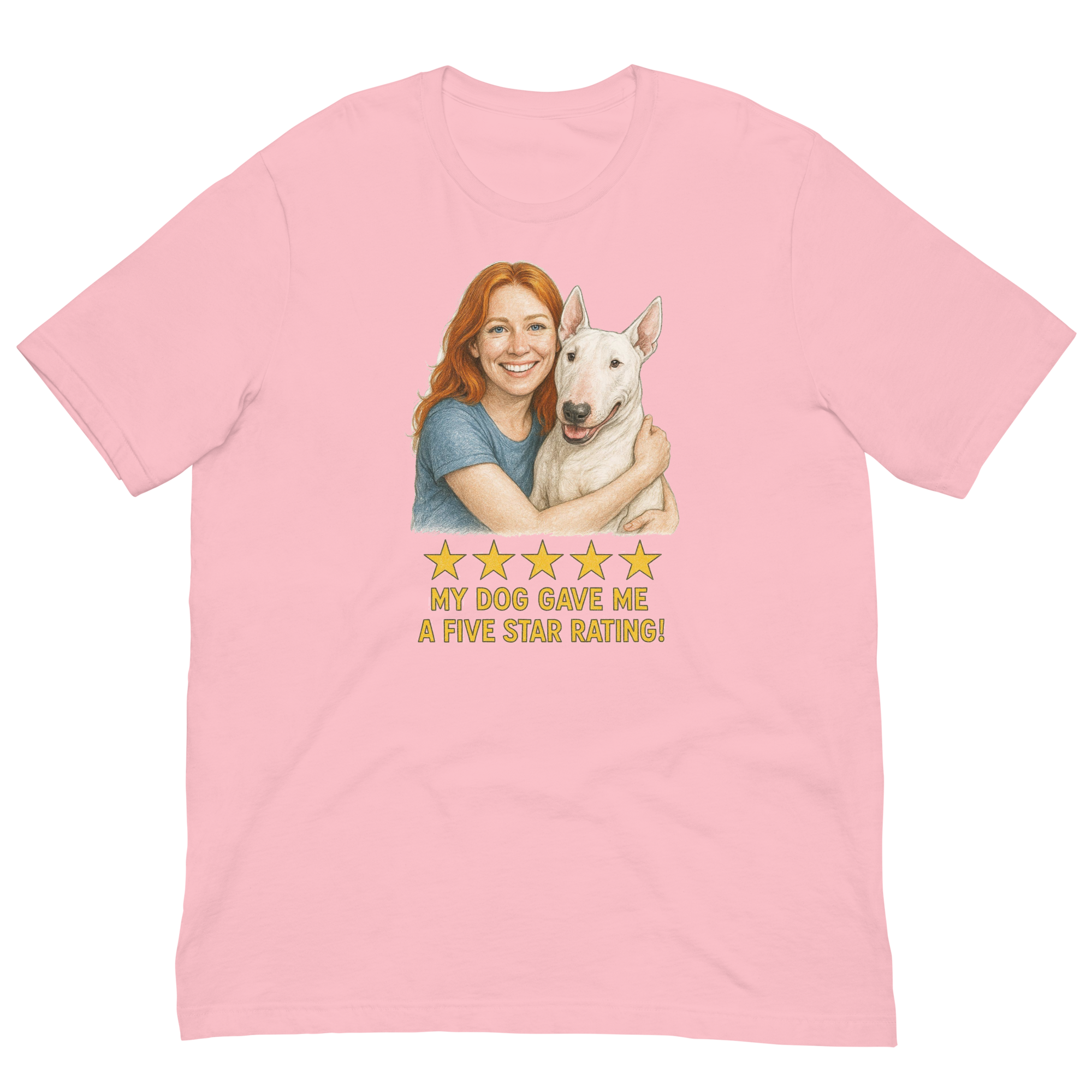Red Hair Woman with Bull Terrier graphic tee.