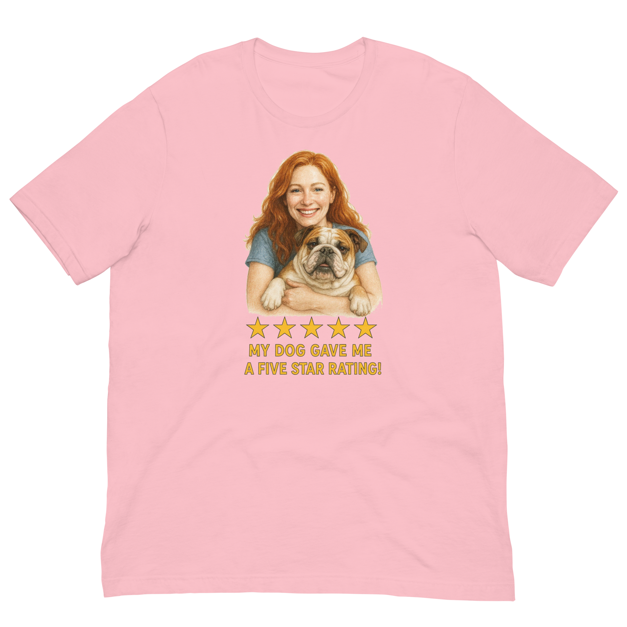 Red Hair Woman with Bulldog graphic tee.