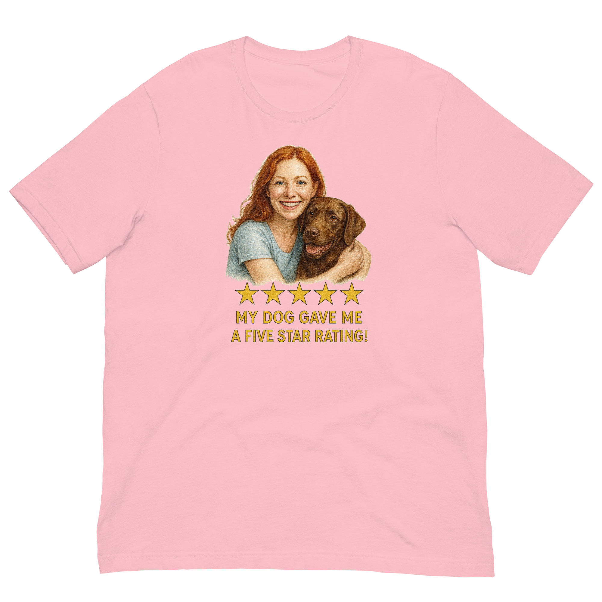 Red Hair Woman with Cocker Spaniel graphic tee.