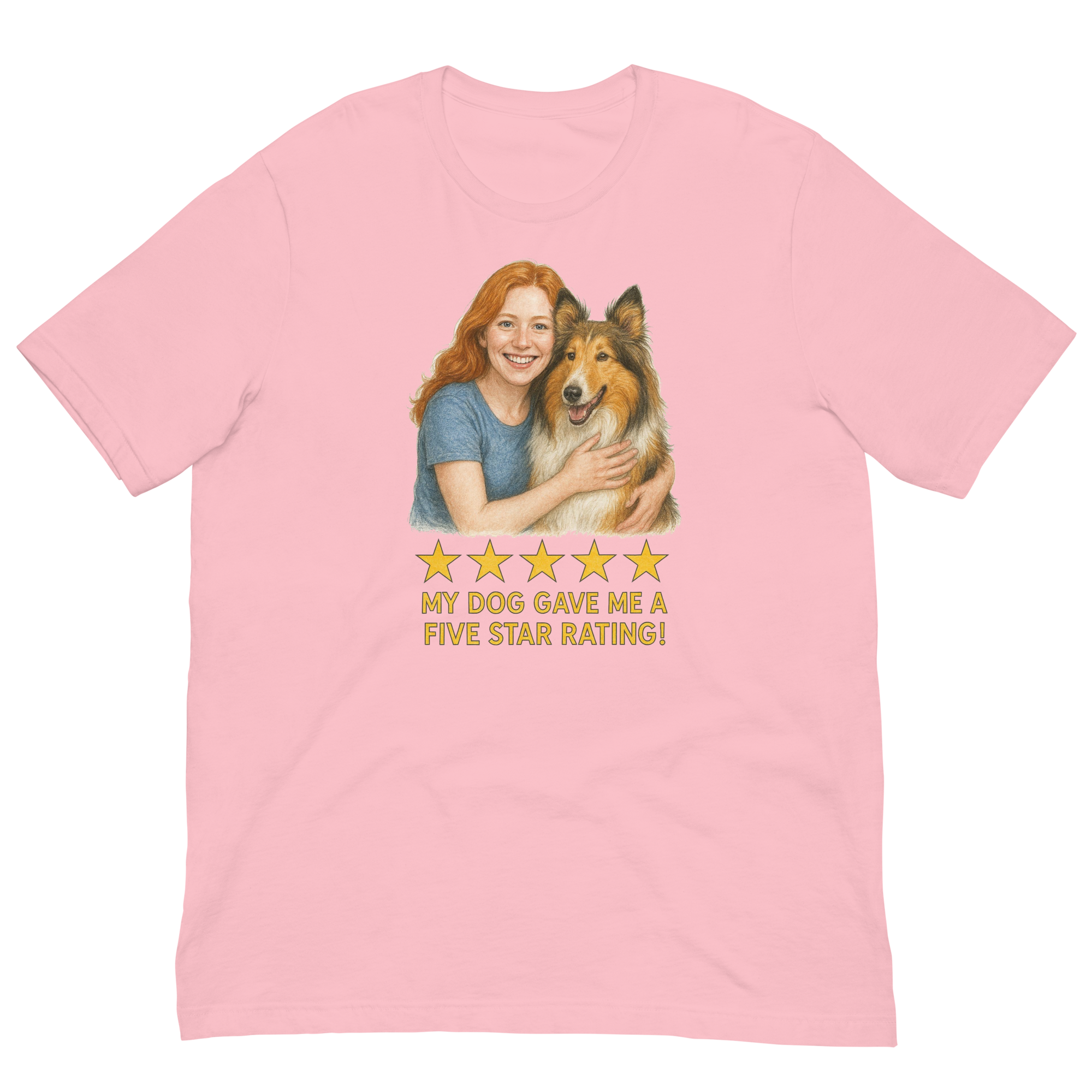 Red Hair Woman with Collie graphic tee.
