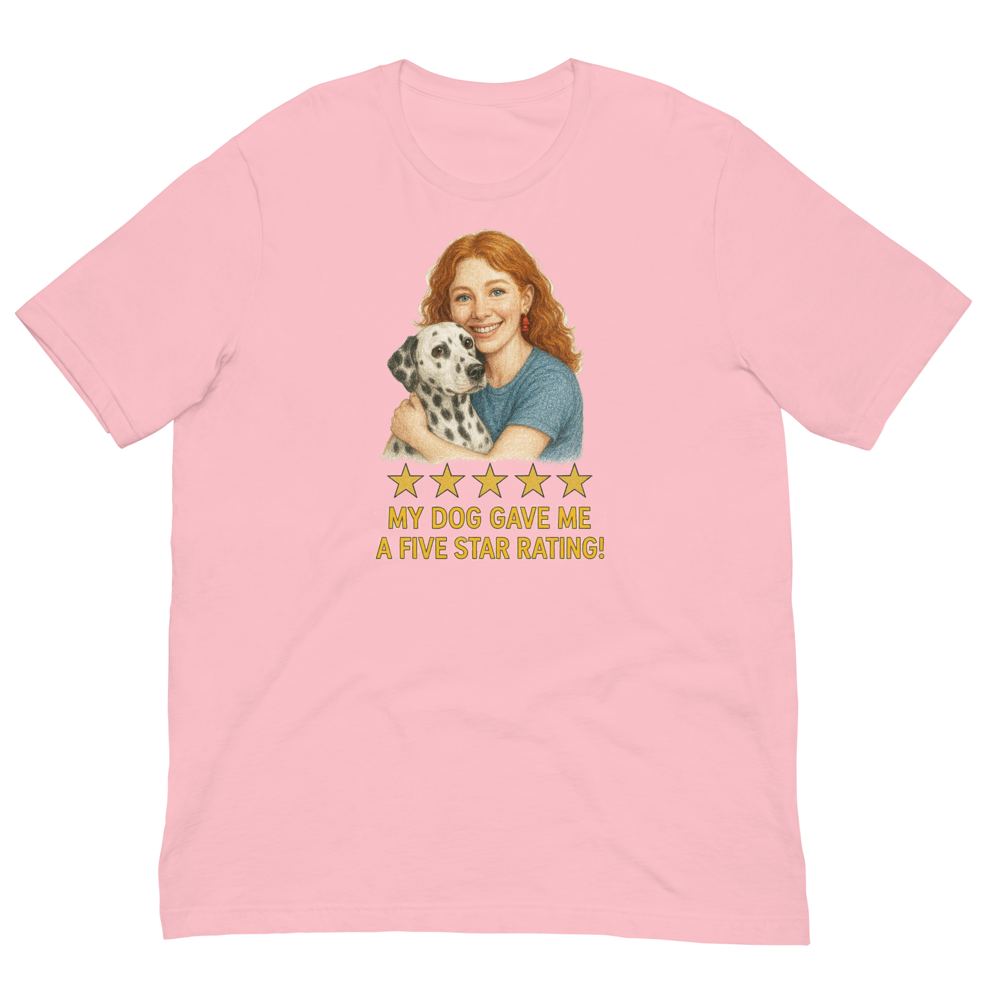 Red Hair Woman with Dalmatian graphic tee.