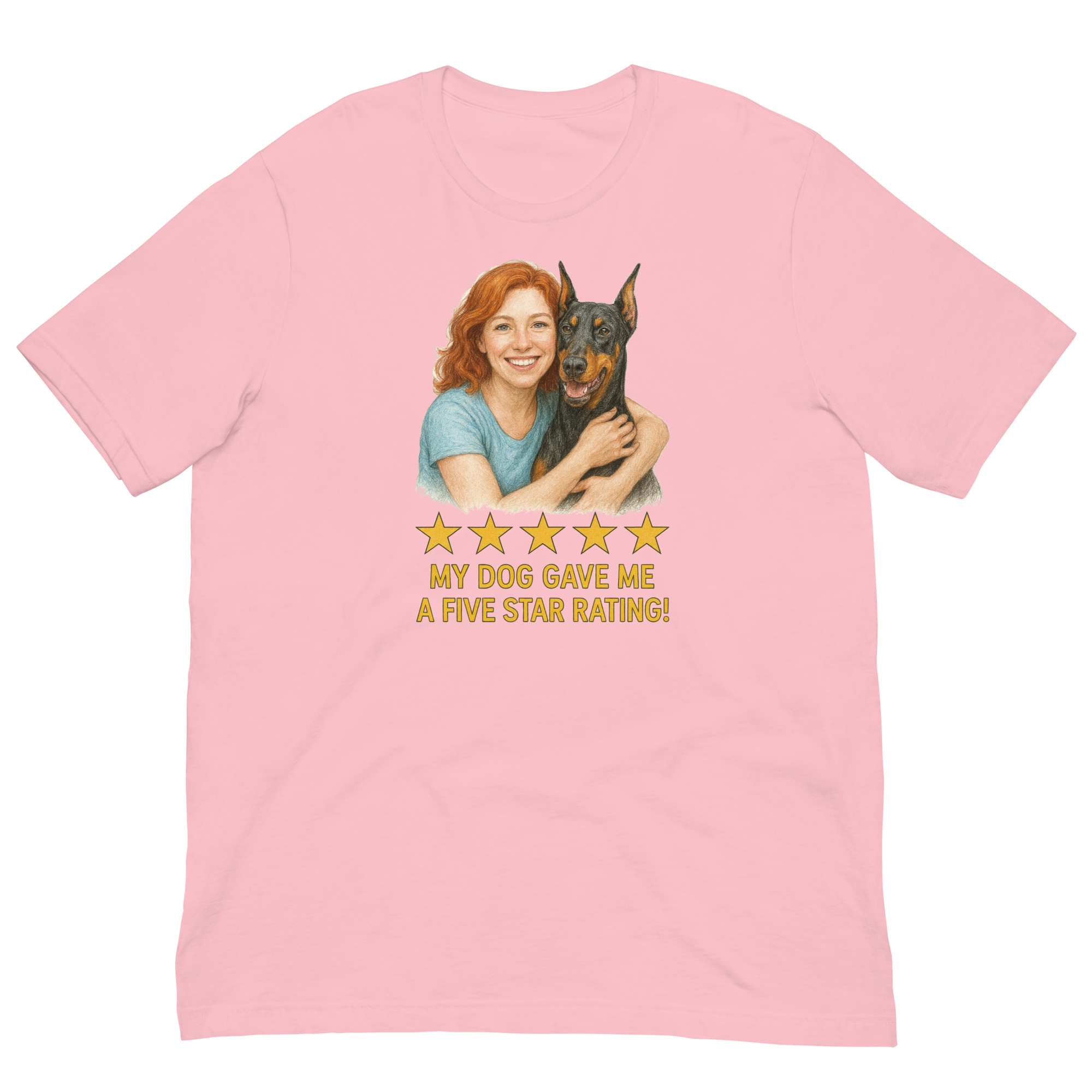 Red Hair Woman with Doberman Pinscher graphic tee.